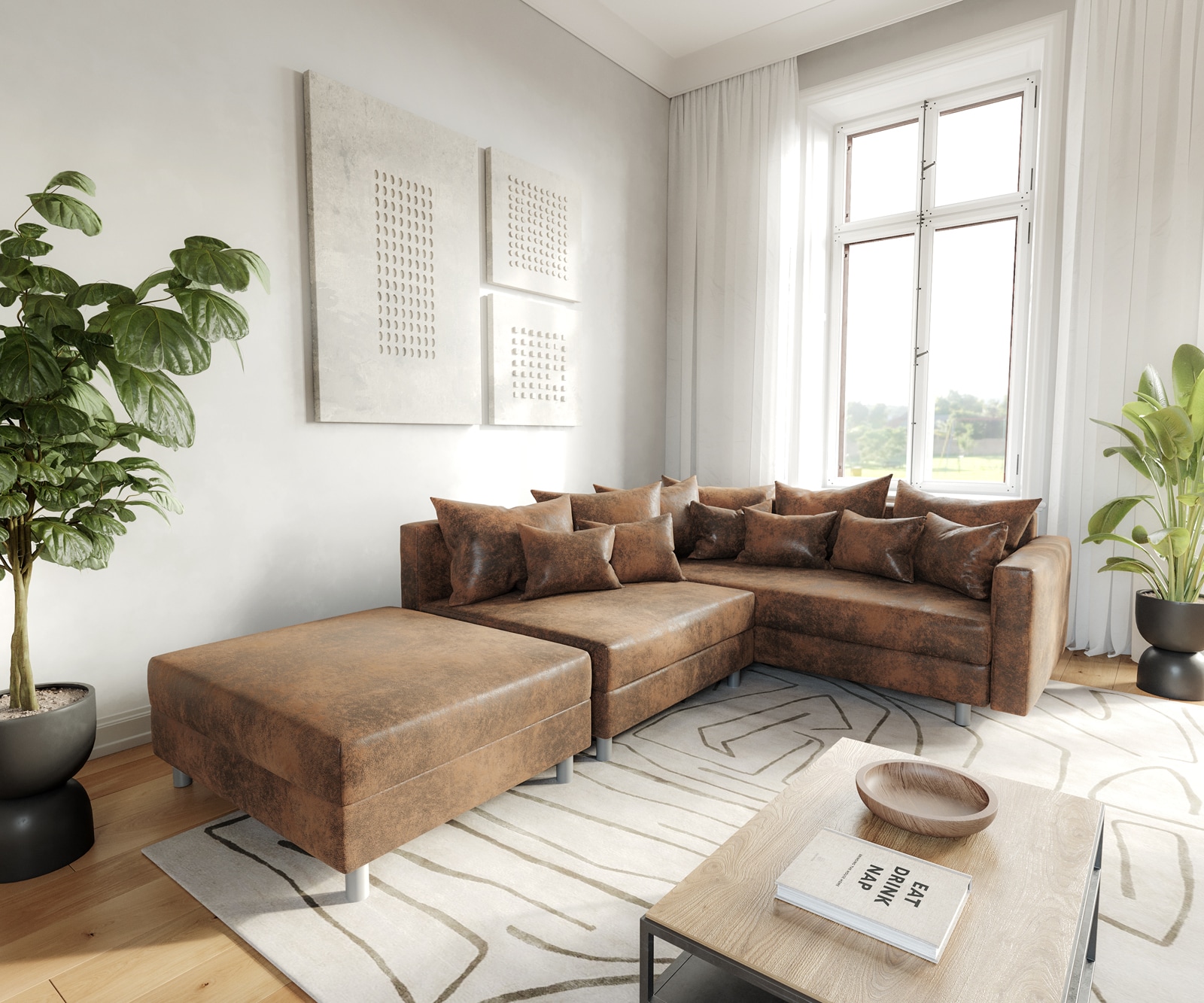 Ecksofa Clovis Braun Antik Optik modular Hocker Armlehne Ottomane Rechts Ecksofa Clovis Braun Antik Optik modular Hocker Armlehne Ottomane Rechts