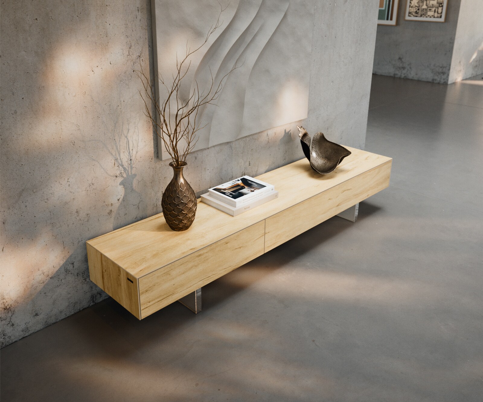 Lowboard Cuor 200 cm Keramik Laminam® Sabbia Eichefarbig 1 Klappe 1 Schubfach Fuß Schwebeoptik Acrylglas 3