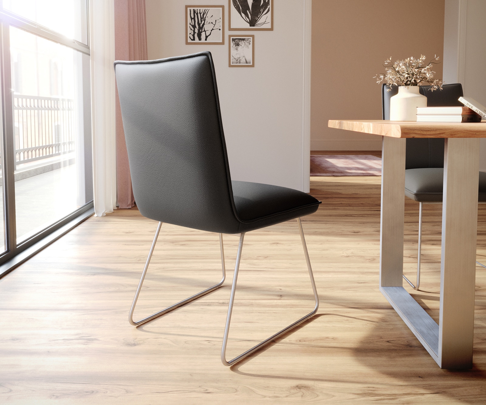 Esszimmerstuhl Lelio-Flex Echt-Leder Schwarz Kufengestell Edelstahl Taschenfederkern 4 Esszimmerstuhl Lelio-Flex Echt-Leder Schwarz Kufengestell Edelstahl Taschenfederkern 4