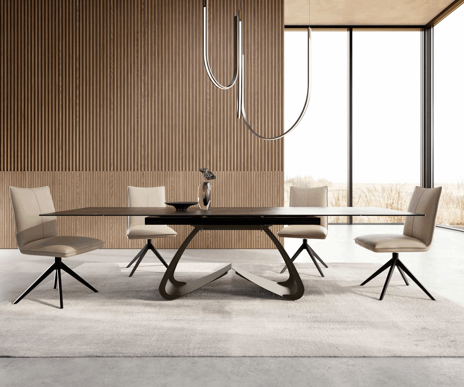 Esstisch Edge 200-300x100 Keramik Laminam®Noir Desir Braun W-Gestell Effektfinish Titan Ausziehbar 1