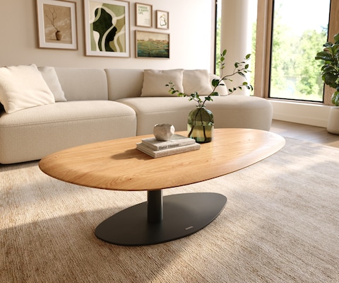 Wohnzimmertisch Edge Oval 140x75 cm Eiche Natur Runde Kante Vibany Metall Schwarz