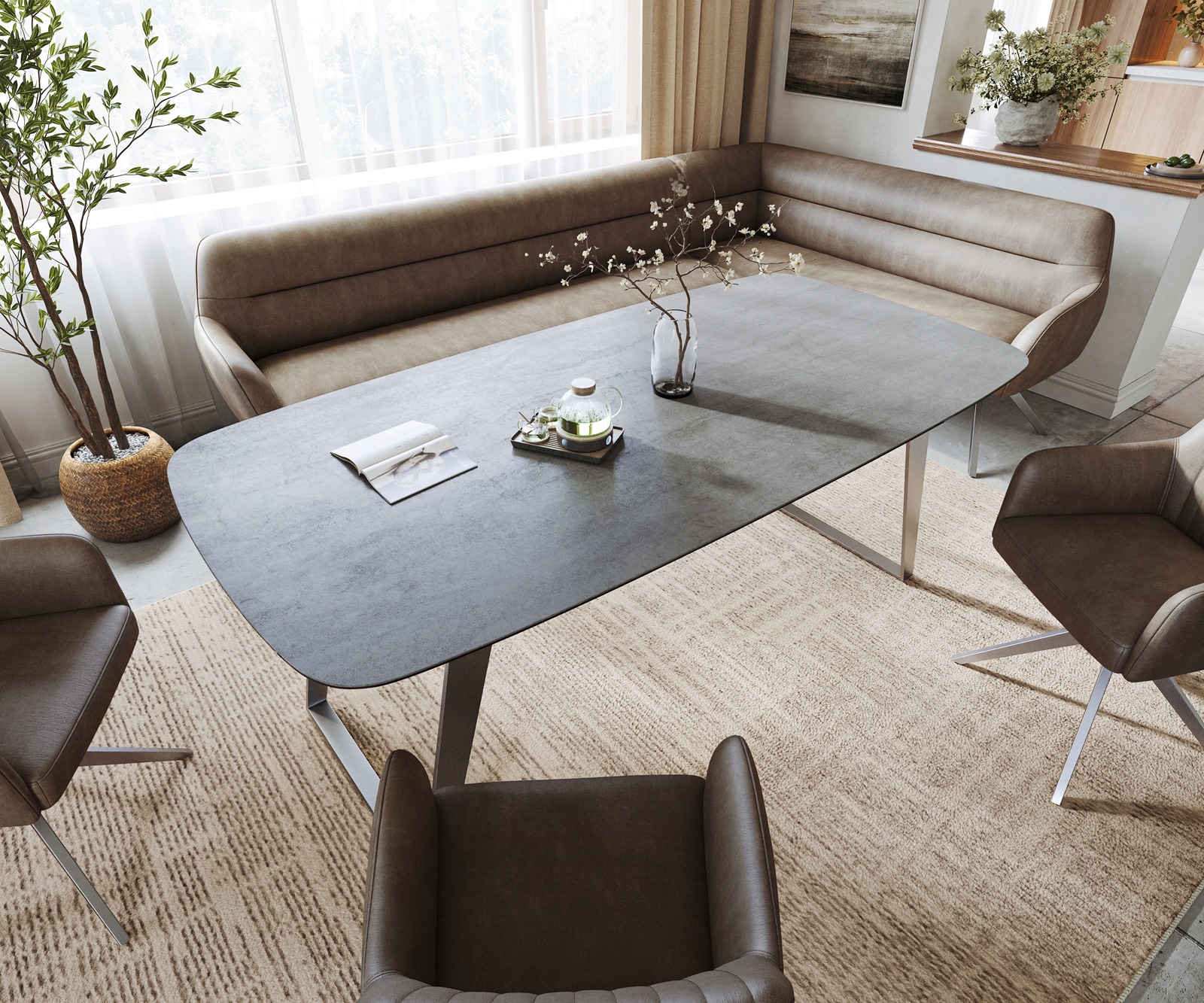 Esstisch Edge Boot 200x100 cm Keramik Beton Grau Edelstahl Schräg 3