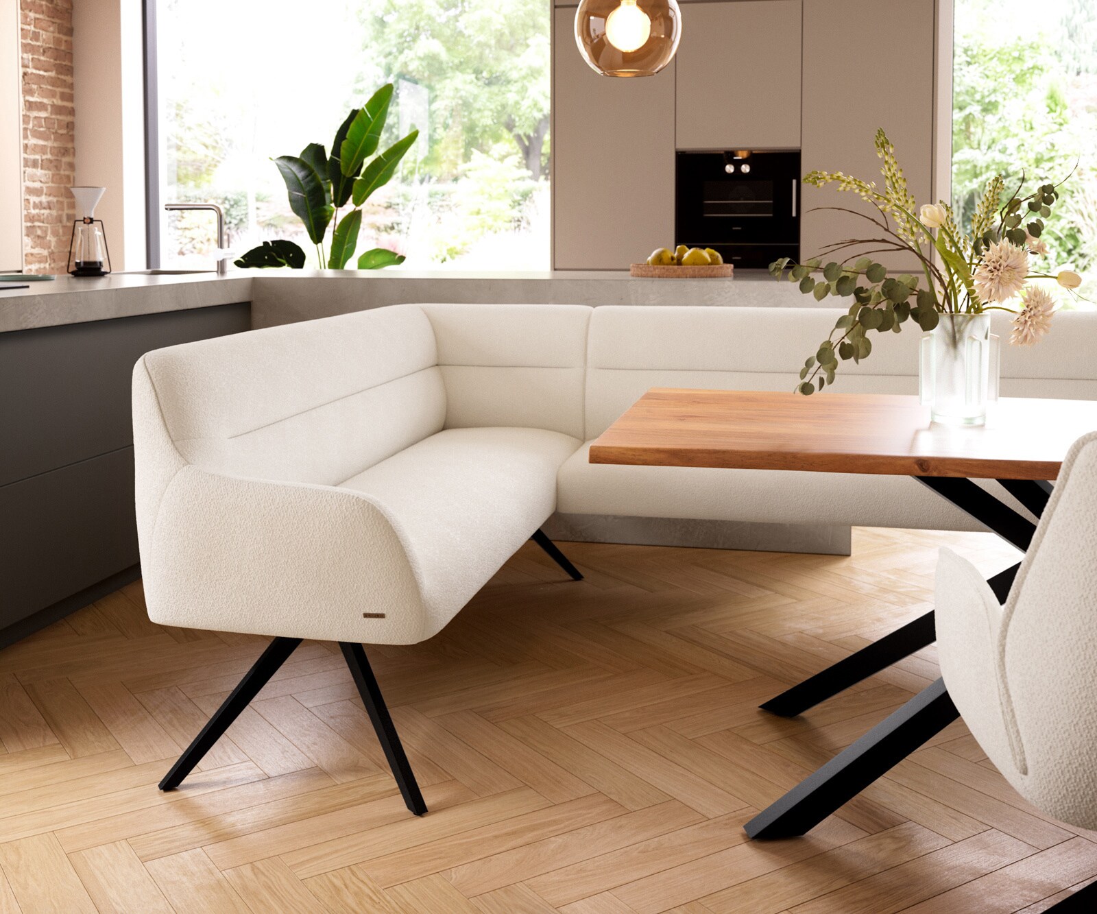 Esszimmerbank Taya-Flex 285x190 cm Bouclé Creme-Weiß Kreuzgestell kantig Schwarz Taschenfederkern Rechts 5