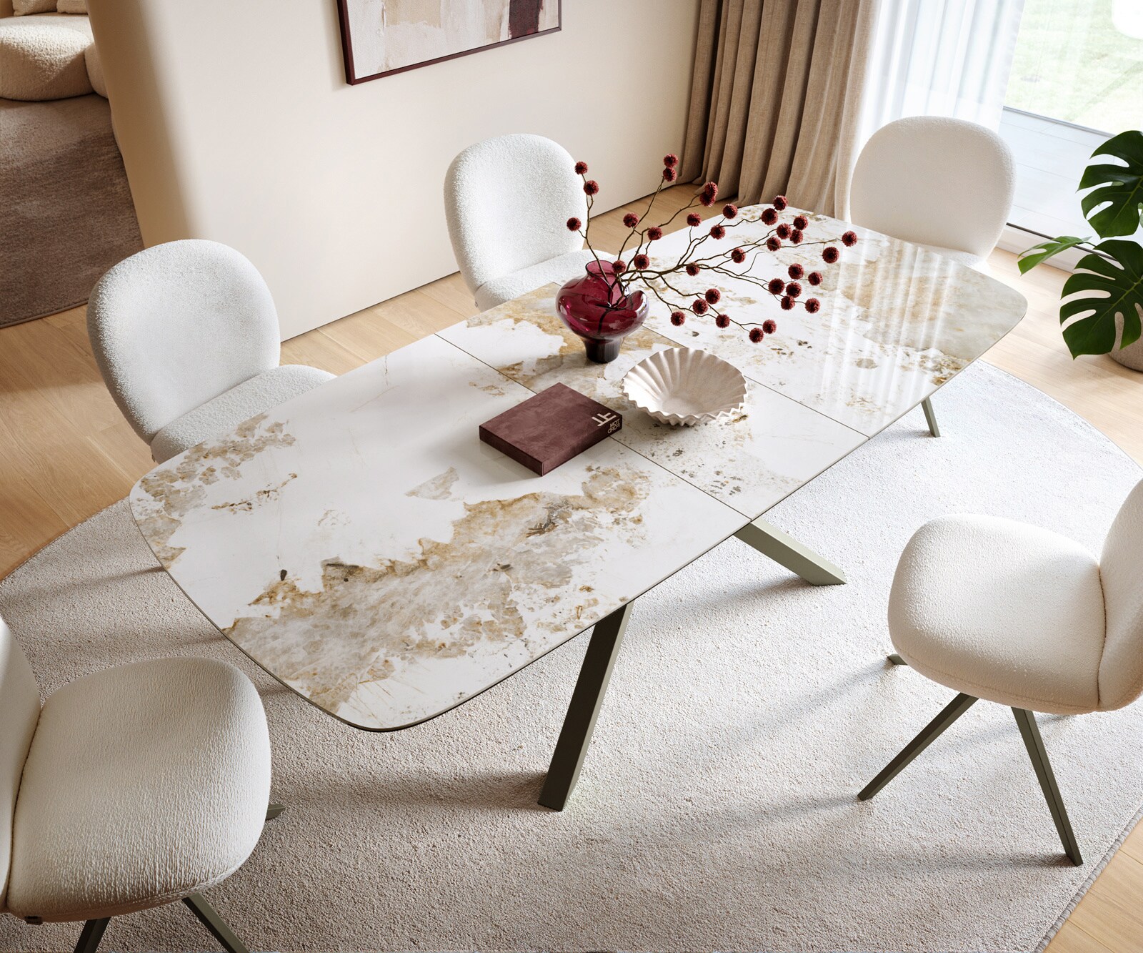 Esstisch Edge Boot 180-220x100 cm Keramik Minas Melange Weiß-Beige Kreuzgestell Rechteck Effektfinish Titan ausziehbar 3