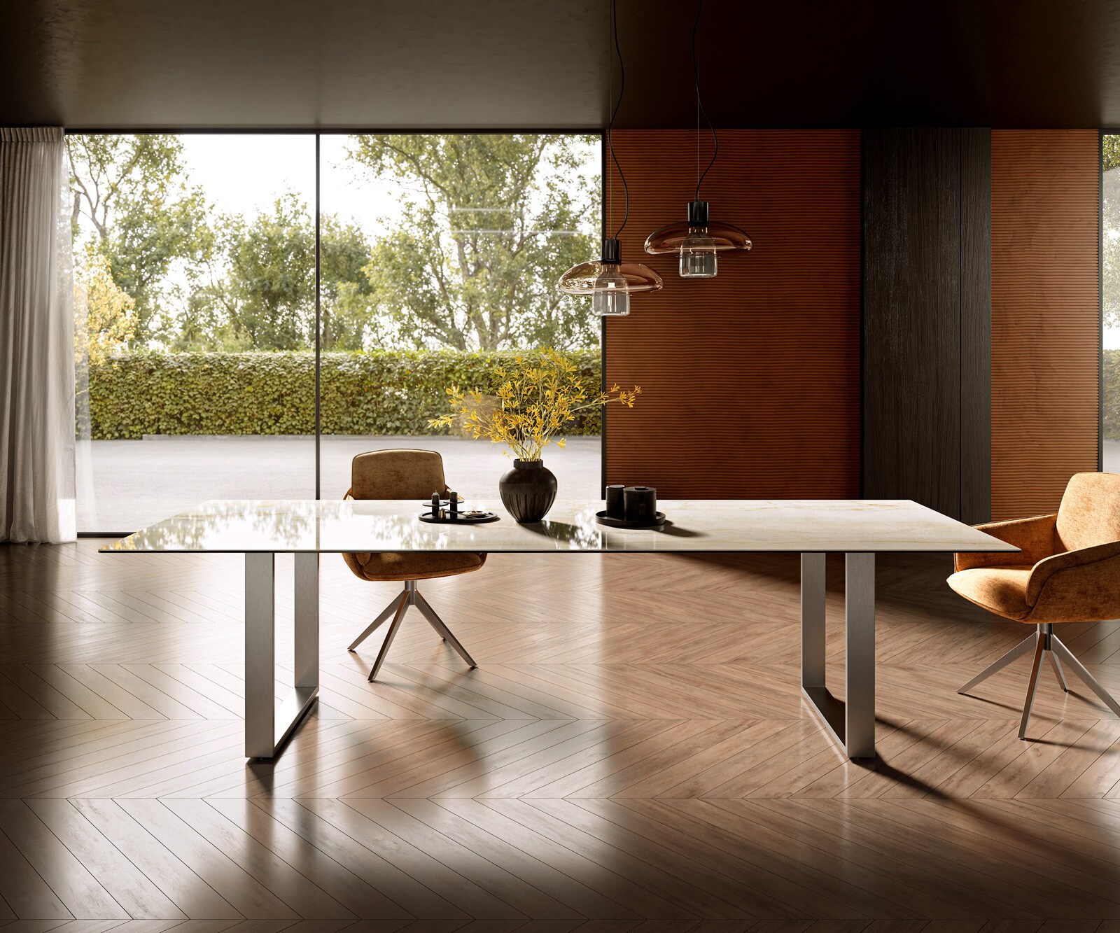 Esstisch Edge 300x100 Keramik Laminam® Onice Oro Edelstahl Schmal 2