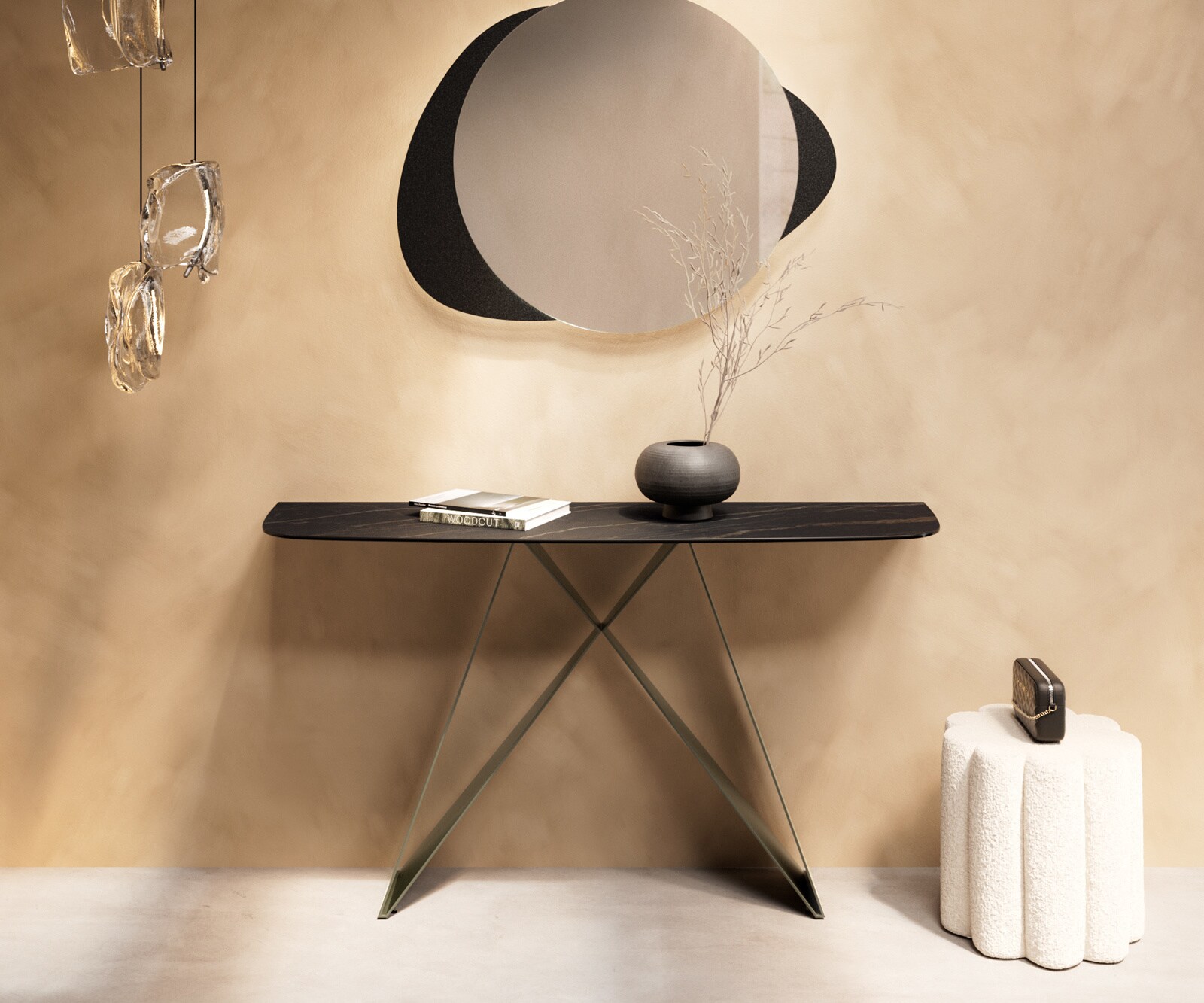 Konsolentisch Edge Boot 140x40 cm Keramik Laminam® Noir Desir Braun Velio Metall Effektfinish Titan