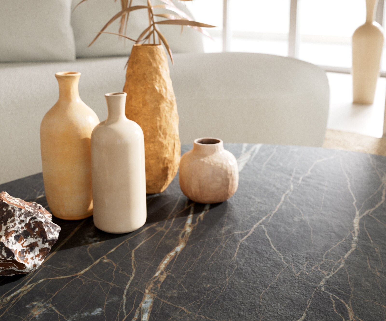 Couchtisch Edge Oval 140x75 cm Keramik Laminam® Noir Desir Braun Parabi Edelstahl gebürstet 7