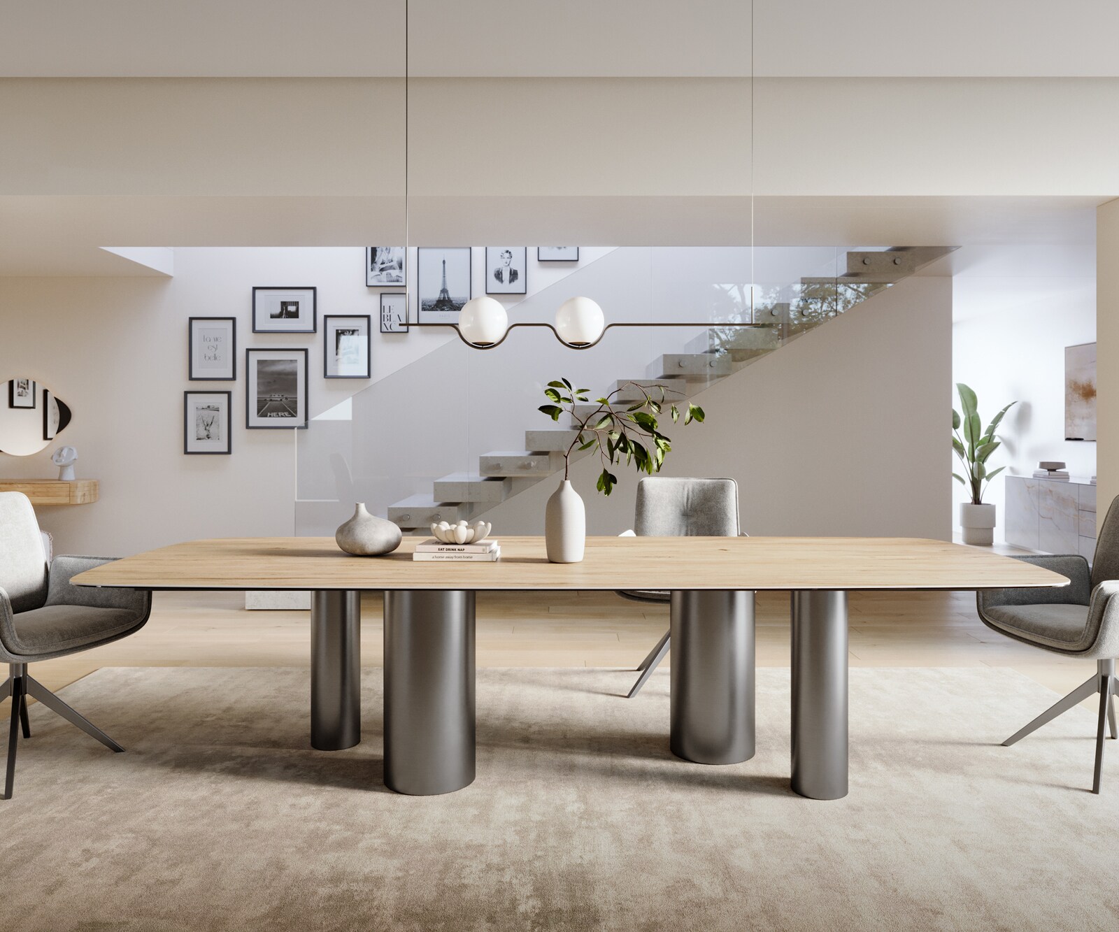 Esstisch Edge Boot 300x120 cm Keramik Laminam® Sabbia Eichefarbig Pilier Edelstahl Graphit 2