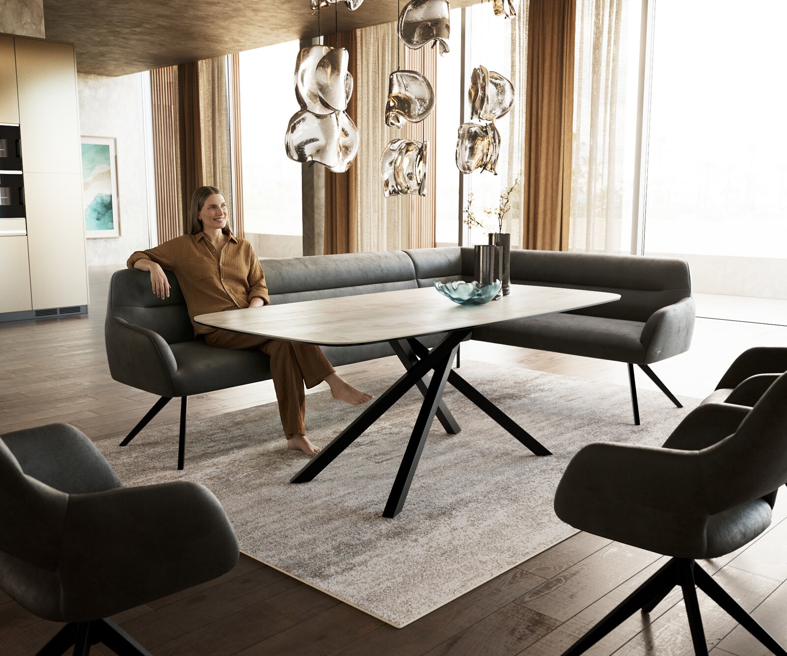 Esszimmerbank Taya-Flex 285x190 cm Mikrofaser Anthrazit Vintage Kreuzgestell kantig Schwarz Taschenfederkern Links 1