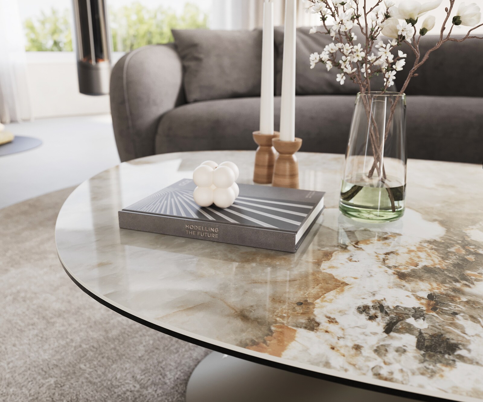 Wohnzimmertisch Edge Oval 140x75 cm Keramik Minas Melange Conis Metall Effektfinish Titan