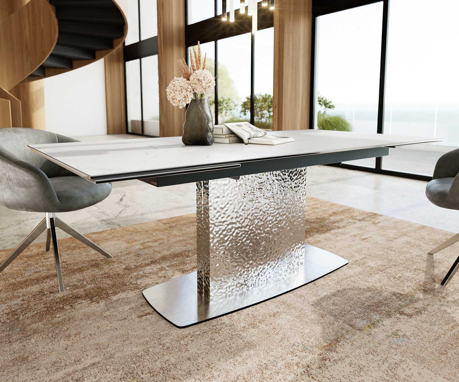 Esstisch Edge 200-300x100 Keramik Laminam®Statuarietto Weiß Wave Edelstahl ausziehbar 5