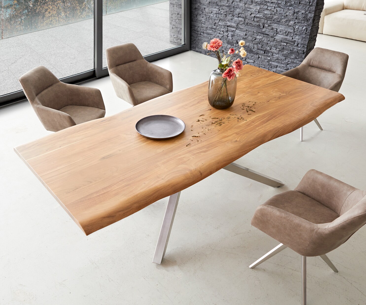 Esstisch Edge 240x100 Akazie Natur Kreuzgestell Rechteck Edelstahl Live-Edge 4