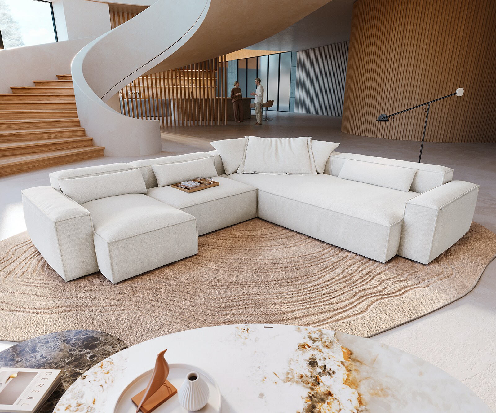 Wohnlandschaft Freestyle 360x290 cm Bouclé Soft Beige Kedernaht