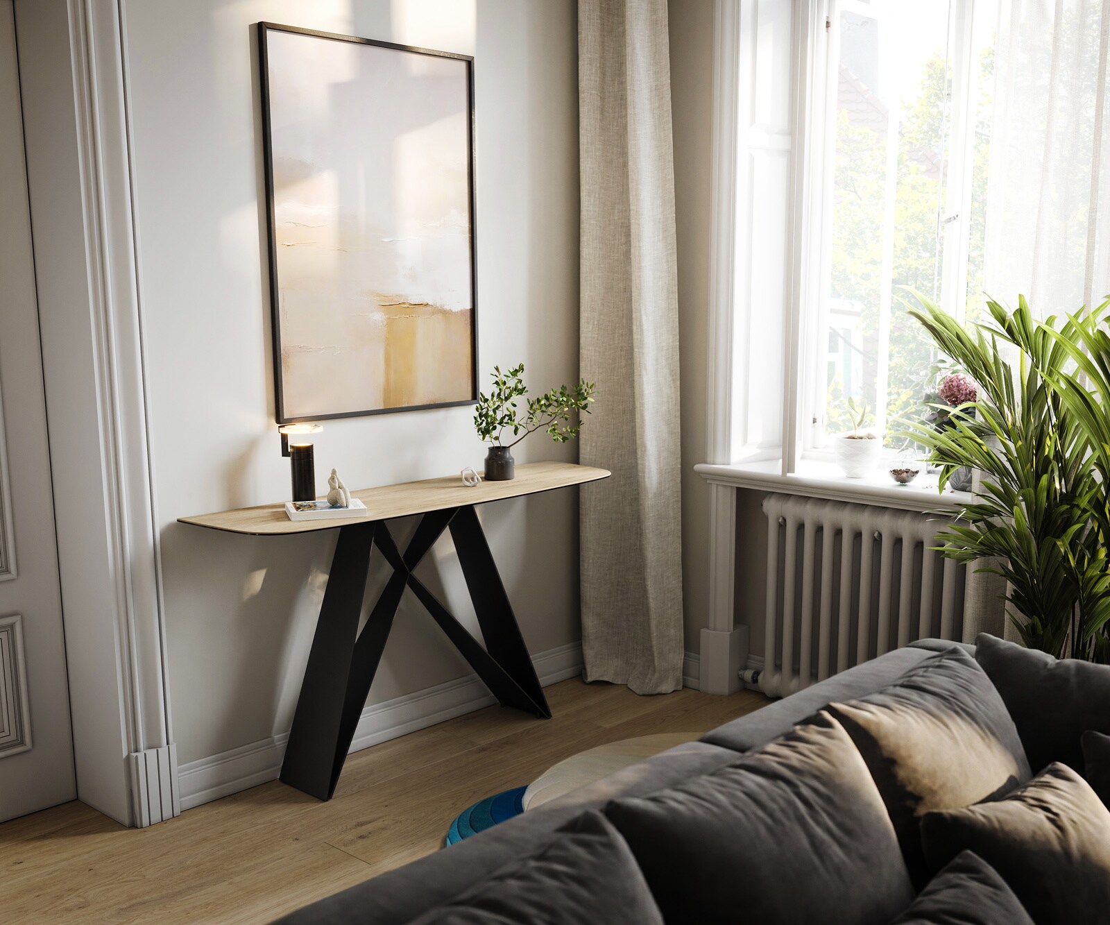 Konsolentisch Edge Boot 140x40 cm Keramik Laminam® Sabbia Eichefarbig Velio Metall Schwarz 6
