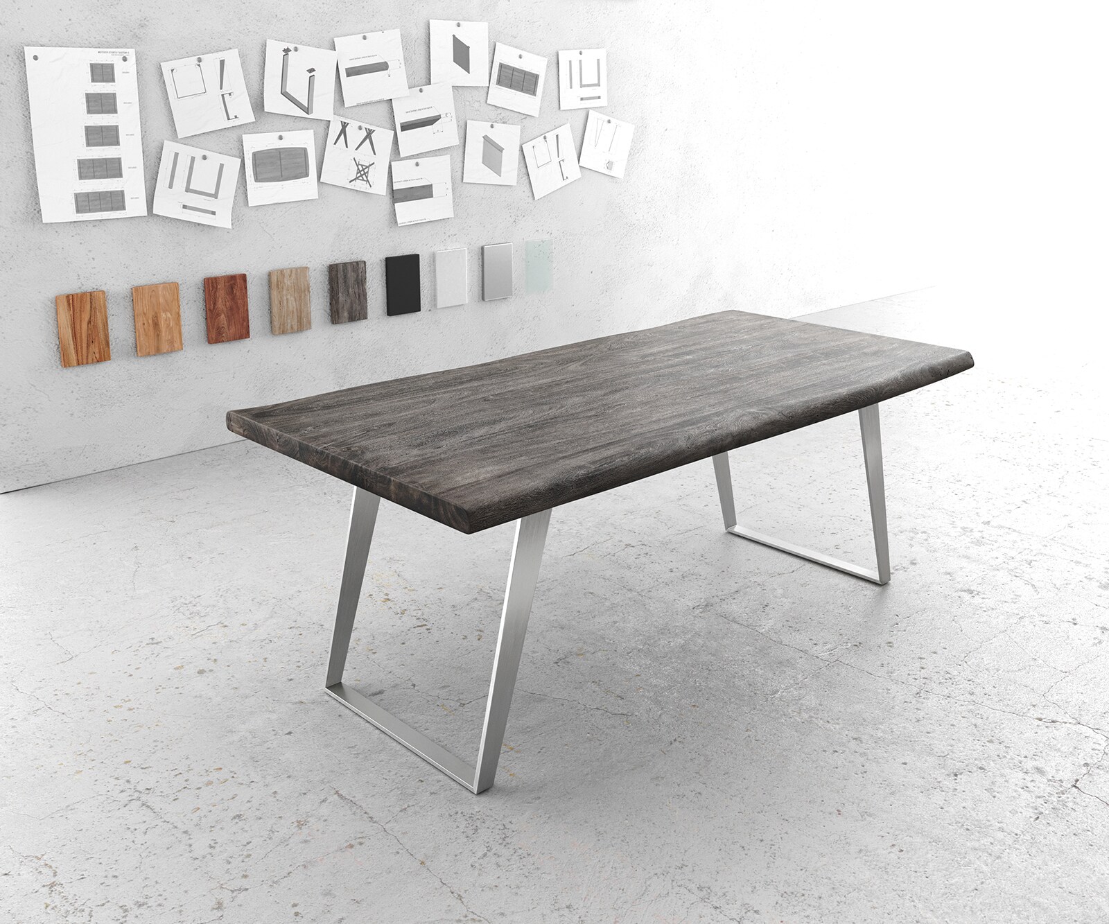 Esstisch Edge 200x100cm XL Akazie Platin Edelstahl Silber schräg Live-Edge