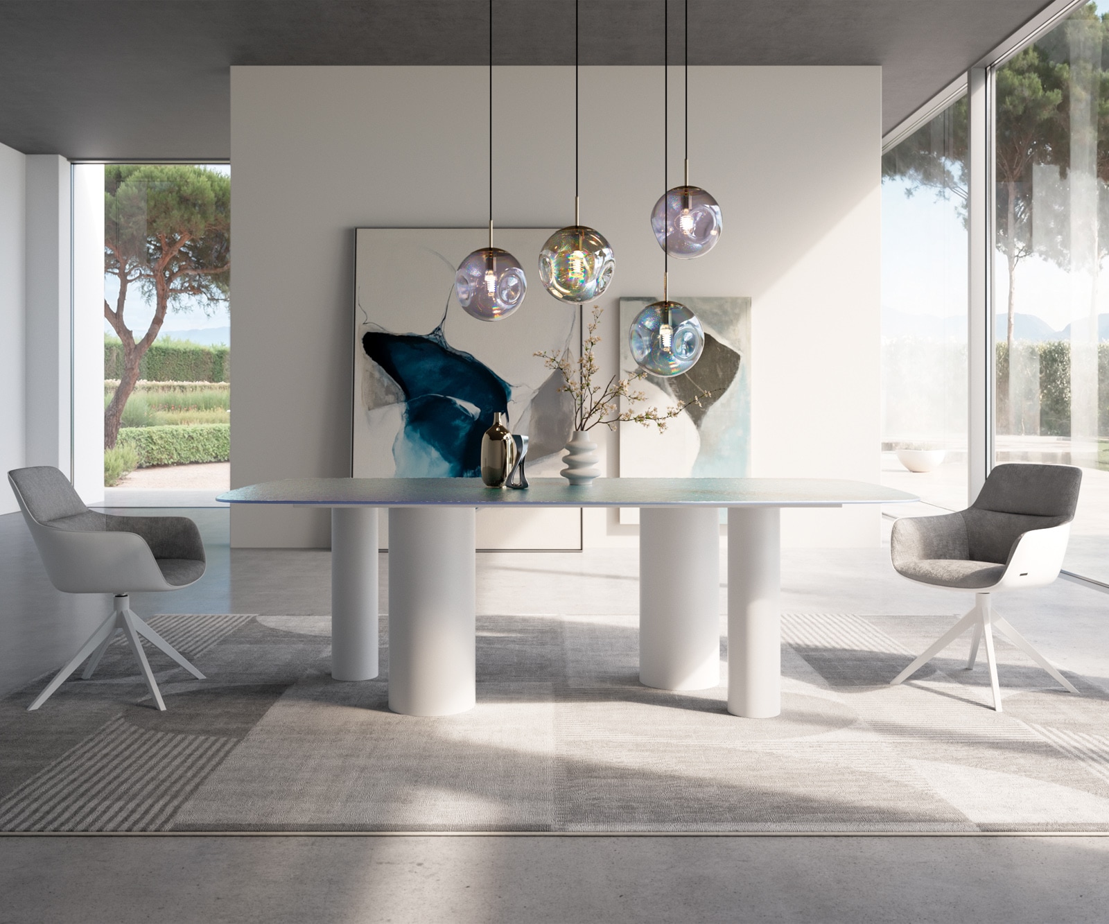 Esstisch Edge Boot 240x120 Reliefglas Perlmutt 3D-Design Pilier Metall Weiß 1