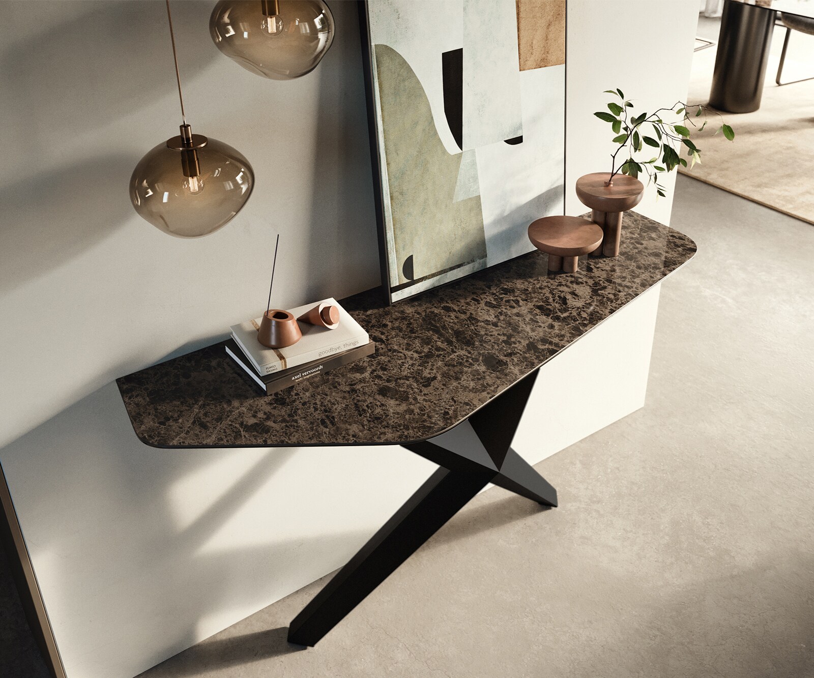Konsolentisch Edge Polygonal 140x50 cm Keramik Emperador Extra Lucidato Dunkelbraun Zentharo Metall Schwarz 2