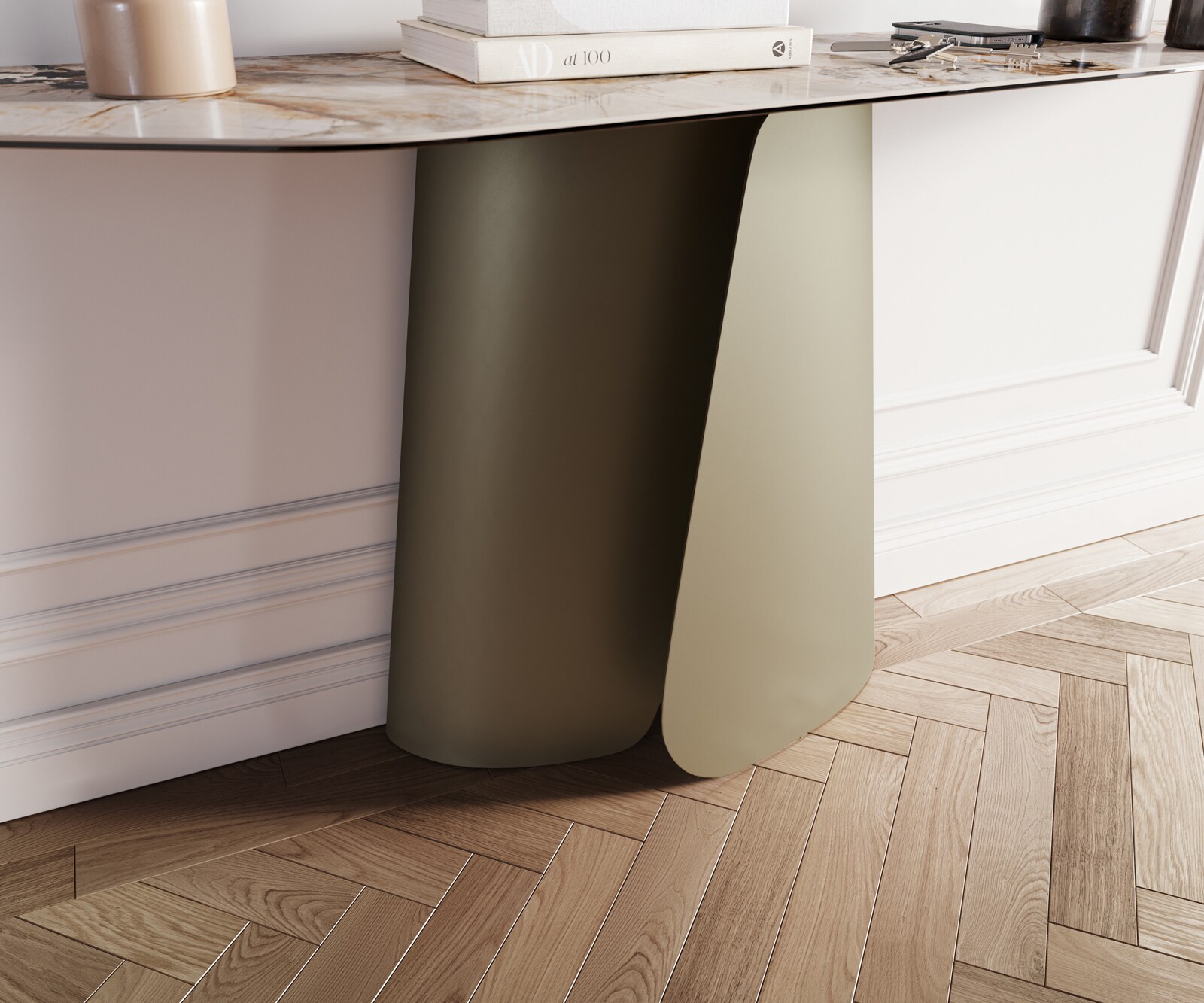 Konsolentisch Edge Polygonal 180x50 cm Keramik Patagonia Poliert Livos Metall Effektfinish Titan 5