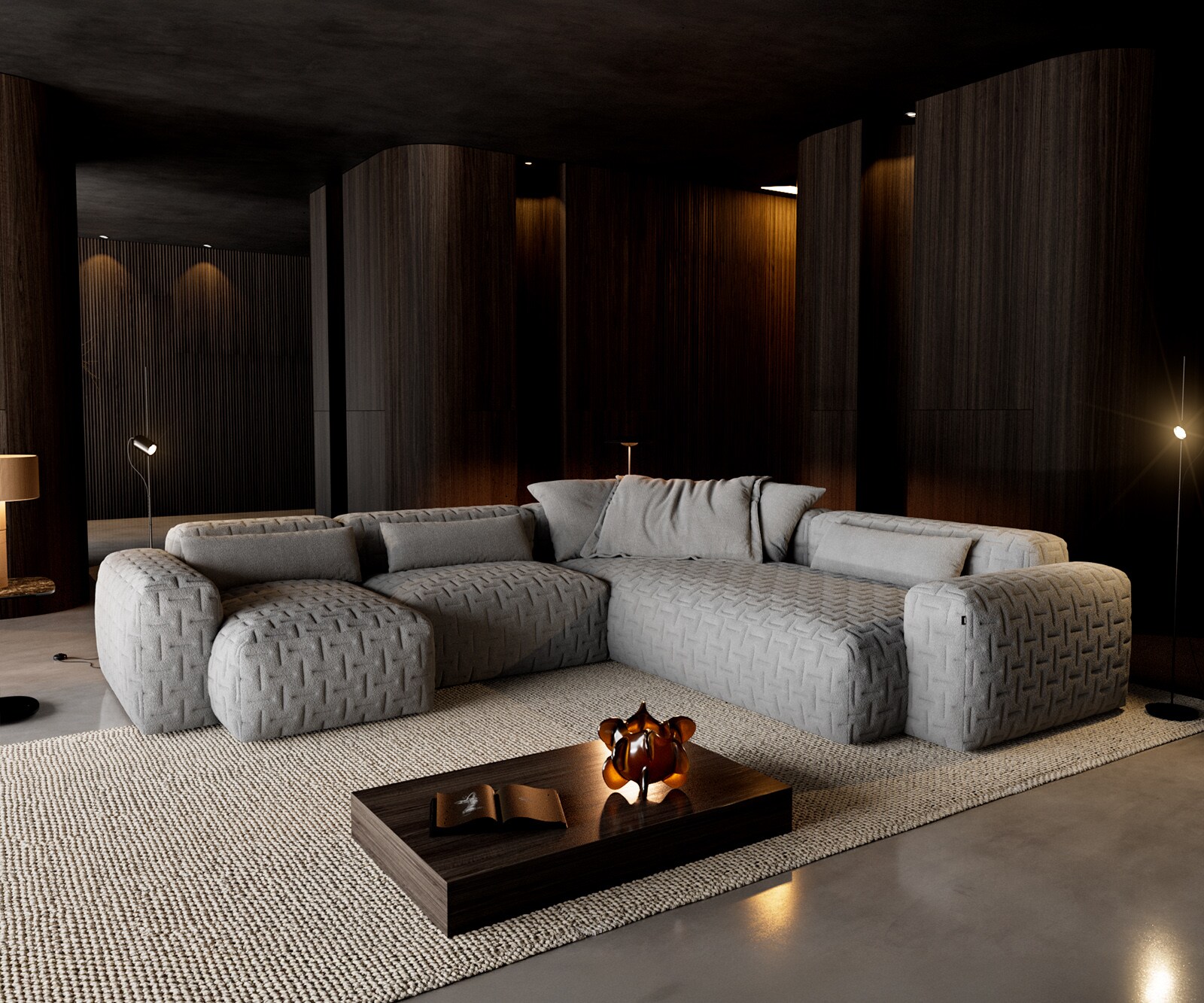 Wohnlandschaft Freestyle 360x290 cm Strukturstoff Soft Grau Gesteppt 1