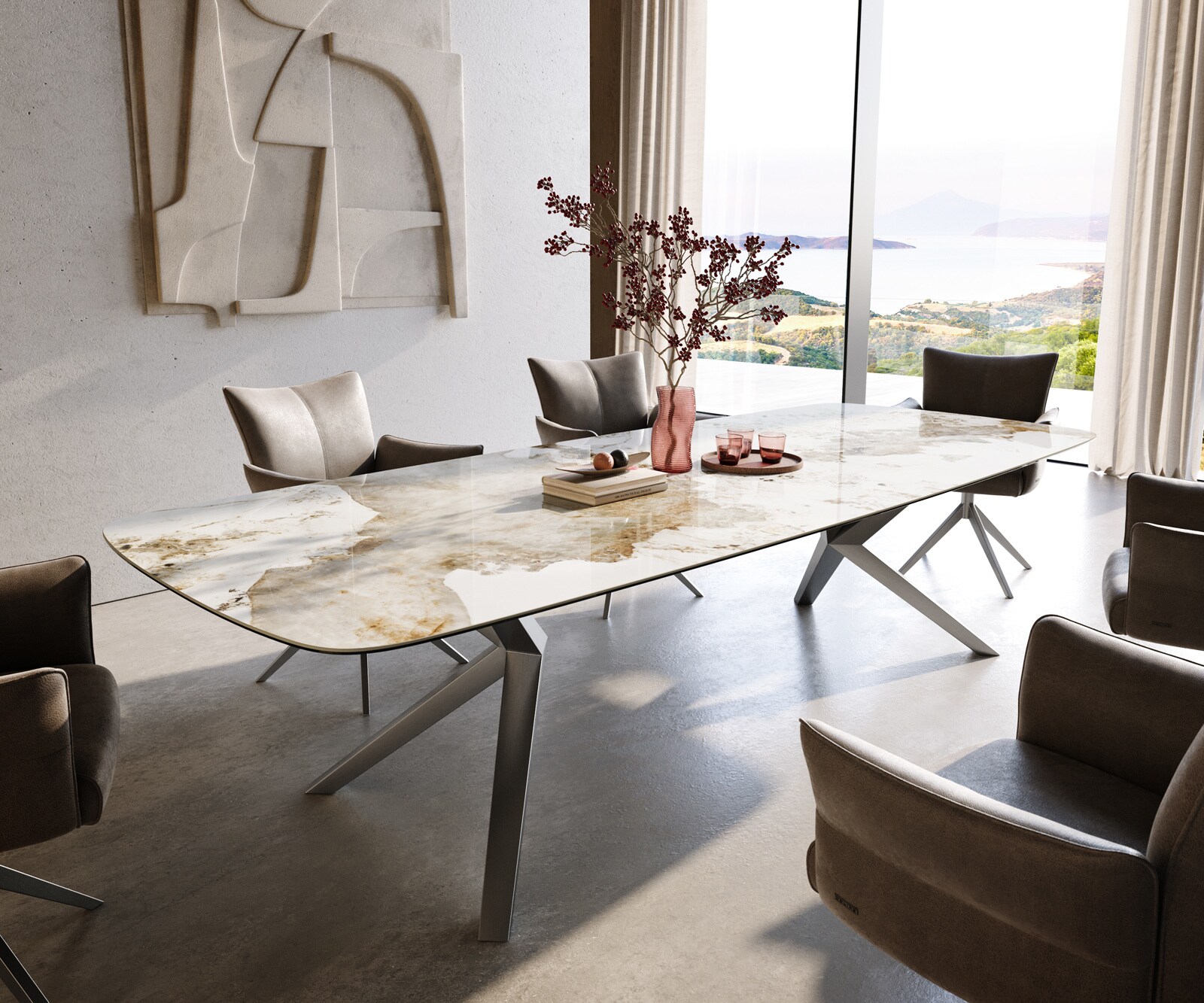 Esstisch Edge Boot 300x120 cm Keramik Minas Melange Weiß-Beige Zenthara kantig Edelstahl