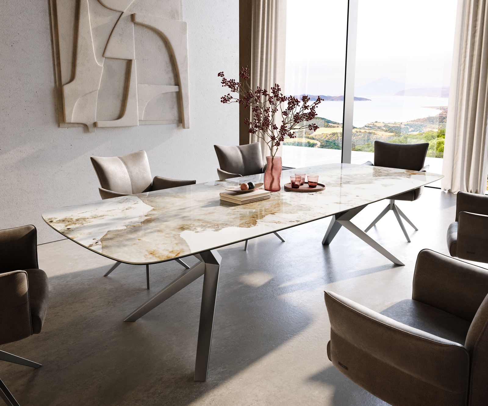 Esstisch Edge Boot 300x120 cm Keramik Minas Melange Weiß-Beige Zenthara kantig Edelstahl