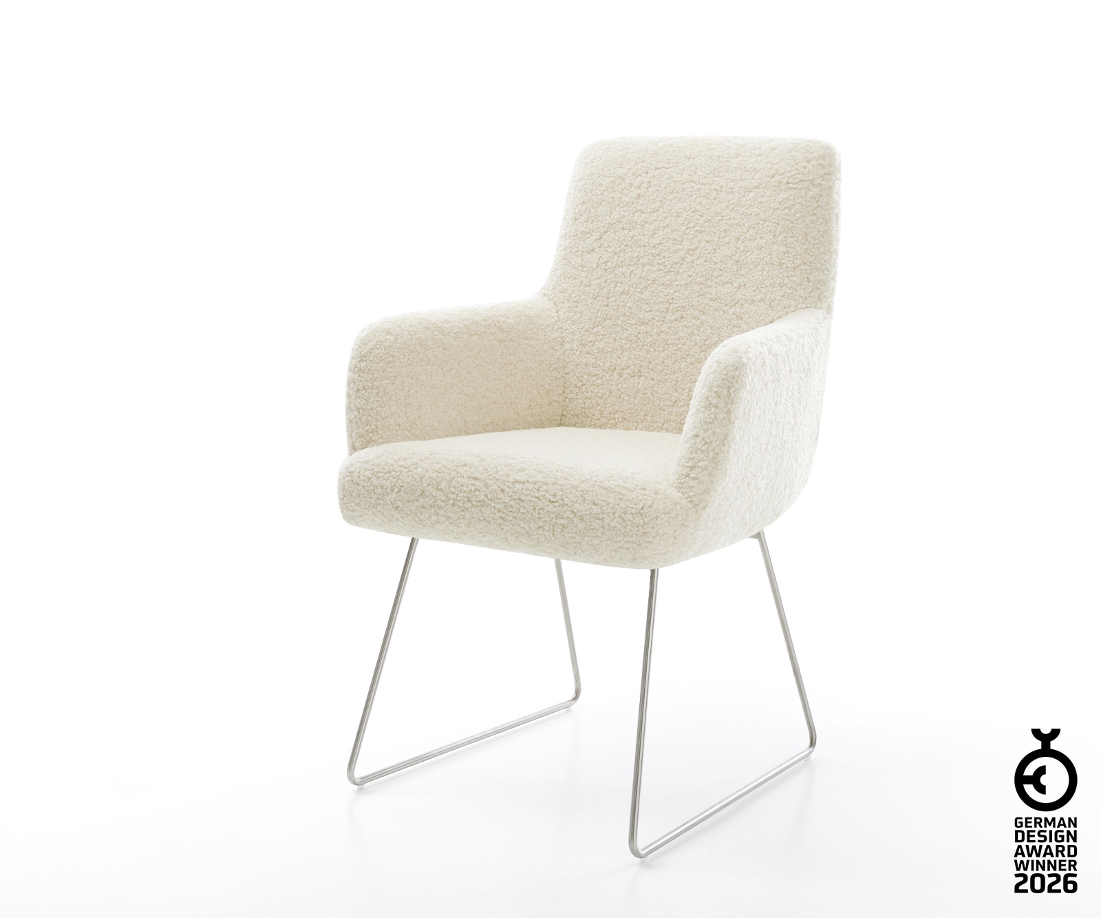 Esszimmerstuhl Heira-Flex mit Armlehnen Teddystoff Beige Kufengestell Edelstahl Taschenfederkern