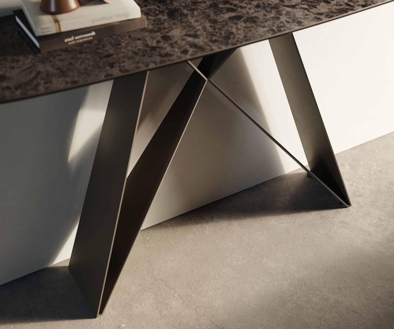 Konsolentisch Edge Boot 140x40 cm Keramik Emperador Extra Lucidato Dunkelbraun Velio Metall Effektfinish Titan 5