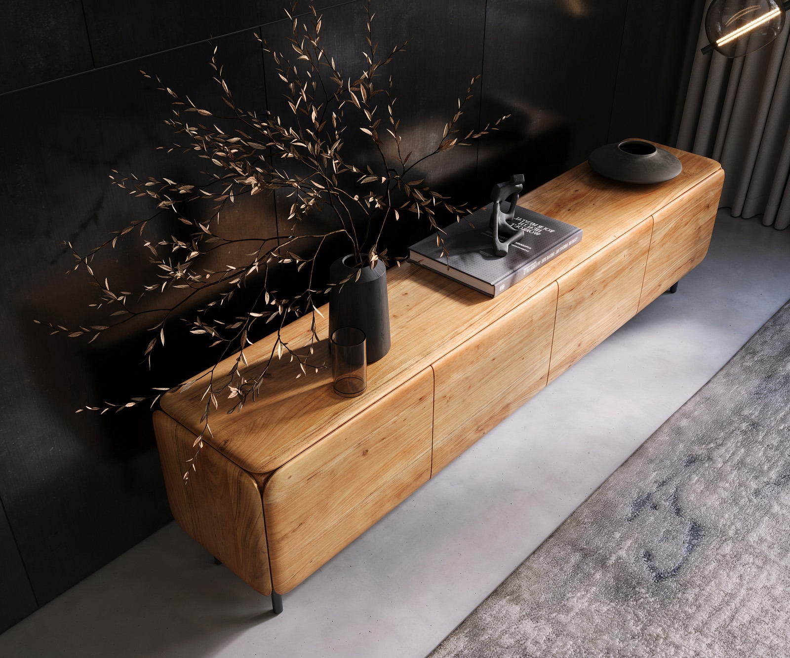 Lowboard Shavani 220 cm Akazie Natur 4 Türen Rundfuß Metall Schwarz 2 Lowboard Shavani 220 cm Akazie Natur 4 Türen Rundfuß Metall Schwarz 2