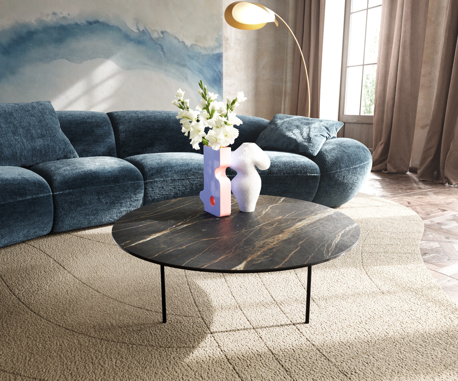Couchtisch Edge Rund 90x90 cm Keramik Laminam® Noir Desir Braun Trive Metal günstig online kaufen
