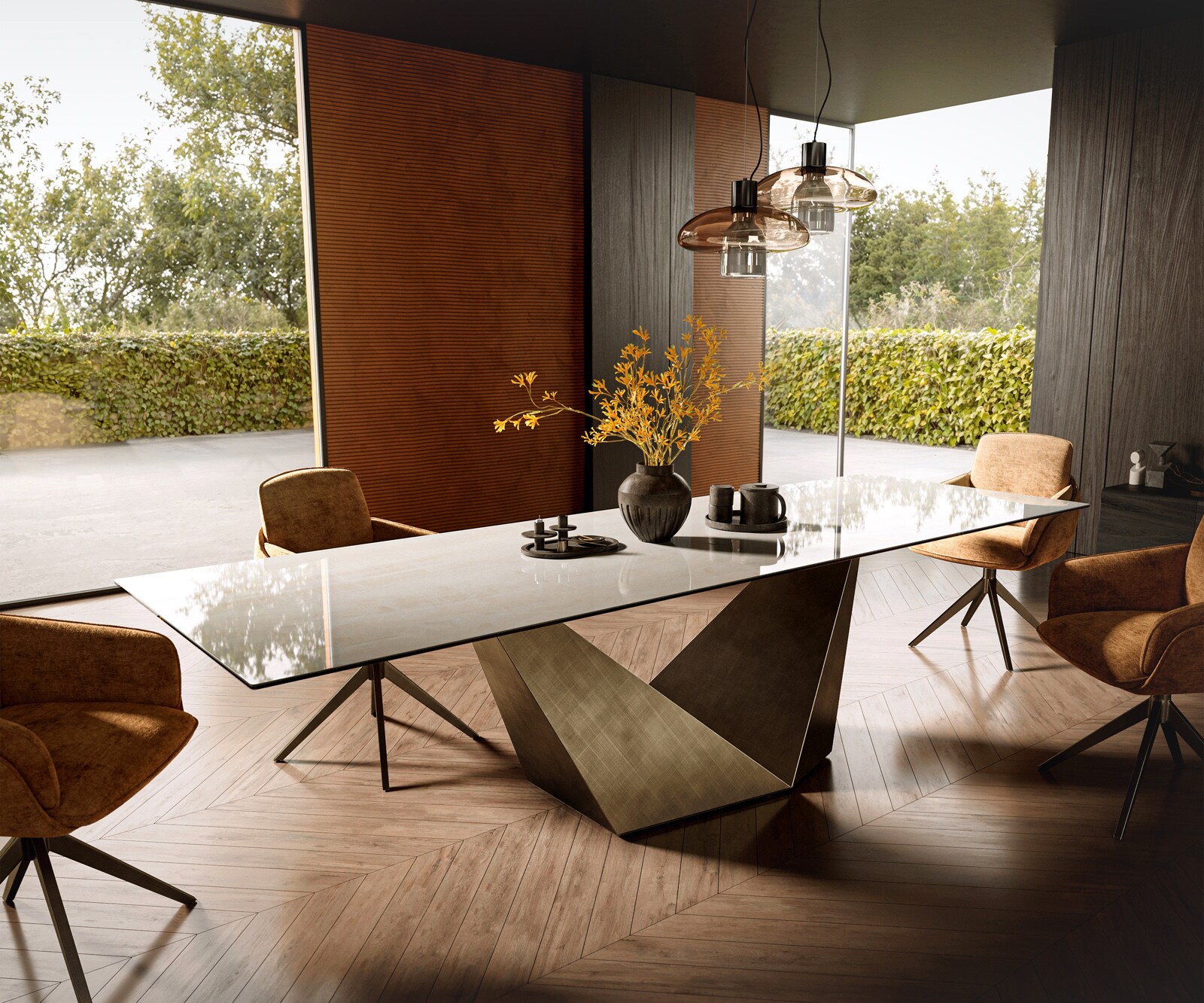 Esstisch Edge 300x100 cm Keramik Onyx Champagne Prisma Metallic Gold