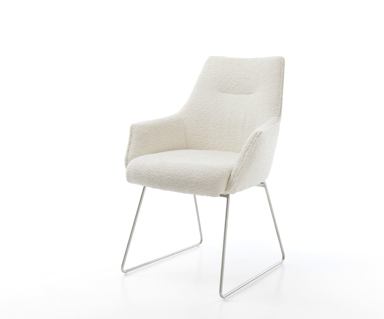 Esszimmerstuhl Alja-Flex mit Armlehnen Bouclé Weiß Kufengestell Edelstahl Taschenfederkern Esszimmerstuhl Alja-Flex mit Armlehnen Bouclé Weiß Kufengestell Edelstahl Taschenfederkern