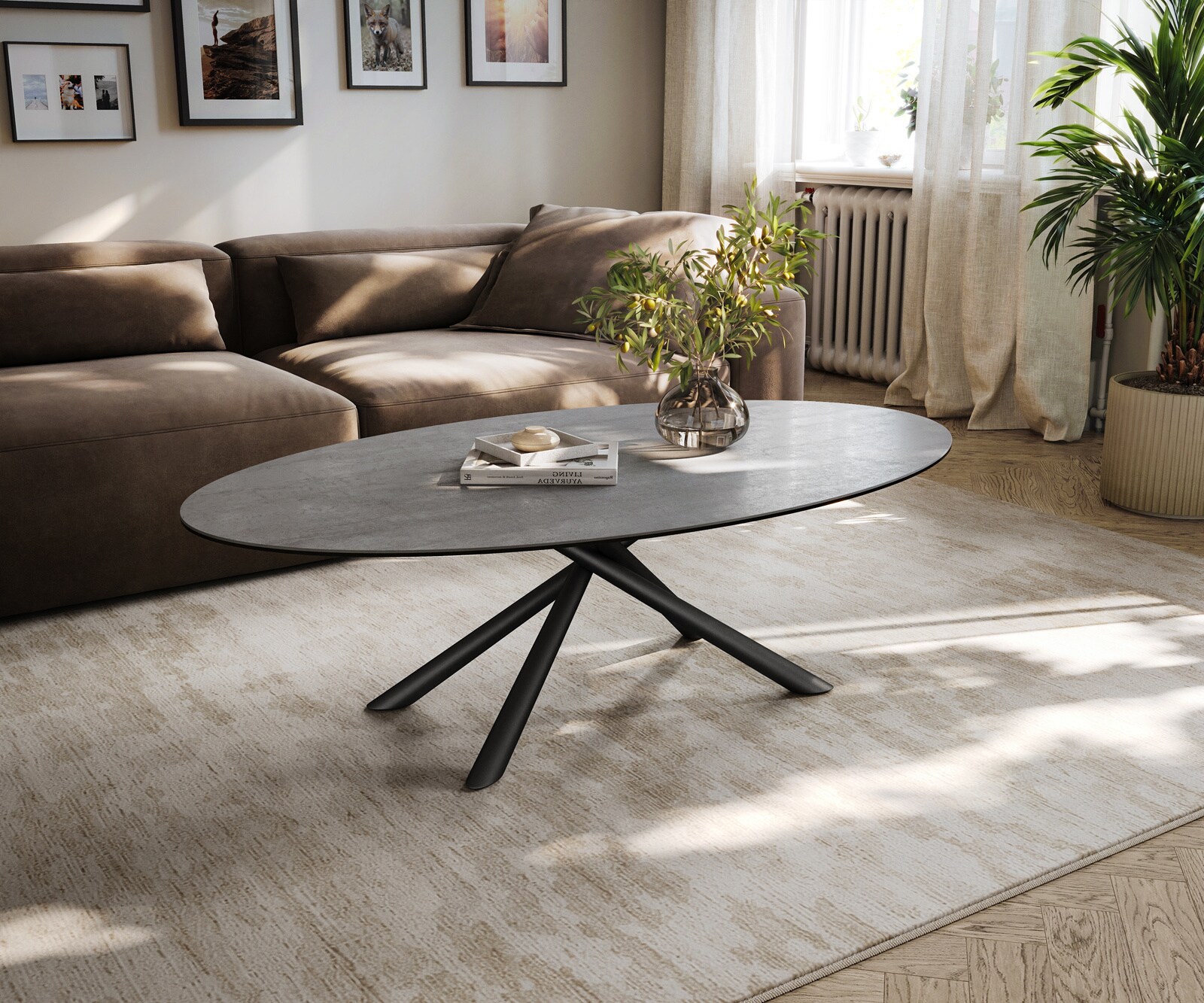 Couchtisch Edge Oval 140x80 cm Keramik Beton Grau Sarity Metall Schwarz
