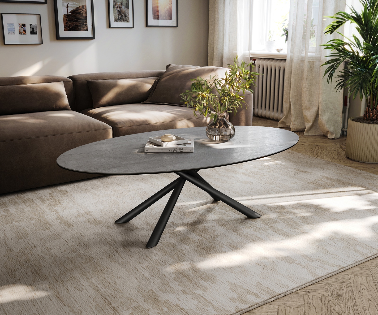 Couchtisch Edge Oval 140x80 cm Keramik Beton Grau Sarity Metall Schwarz
