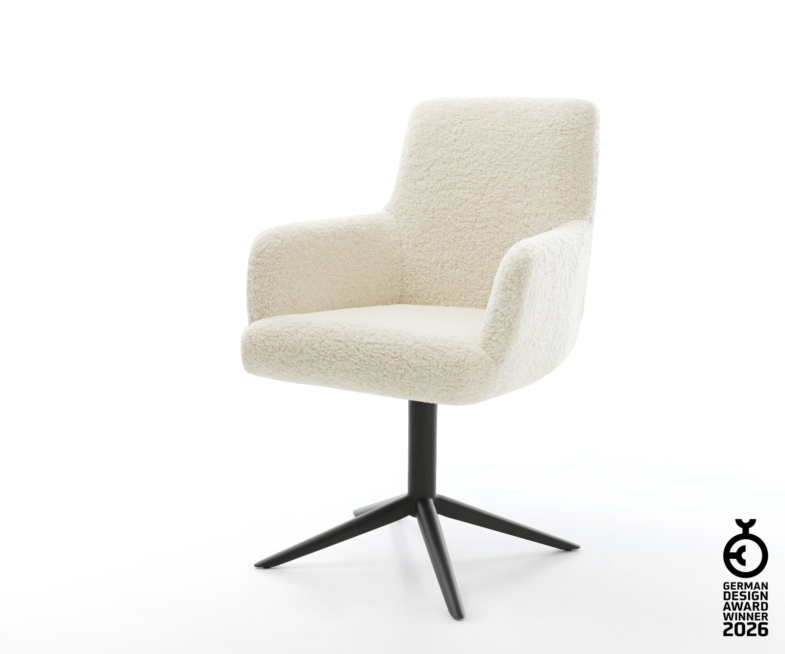 Drehstuhl Heira-Flex mit Armlehnen Teddystoff Beige Fußkreuz Schwarz 360° drehbar Wippfunktion Taschenfederkern
