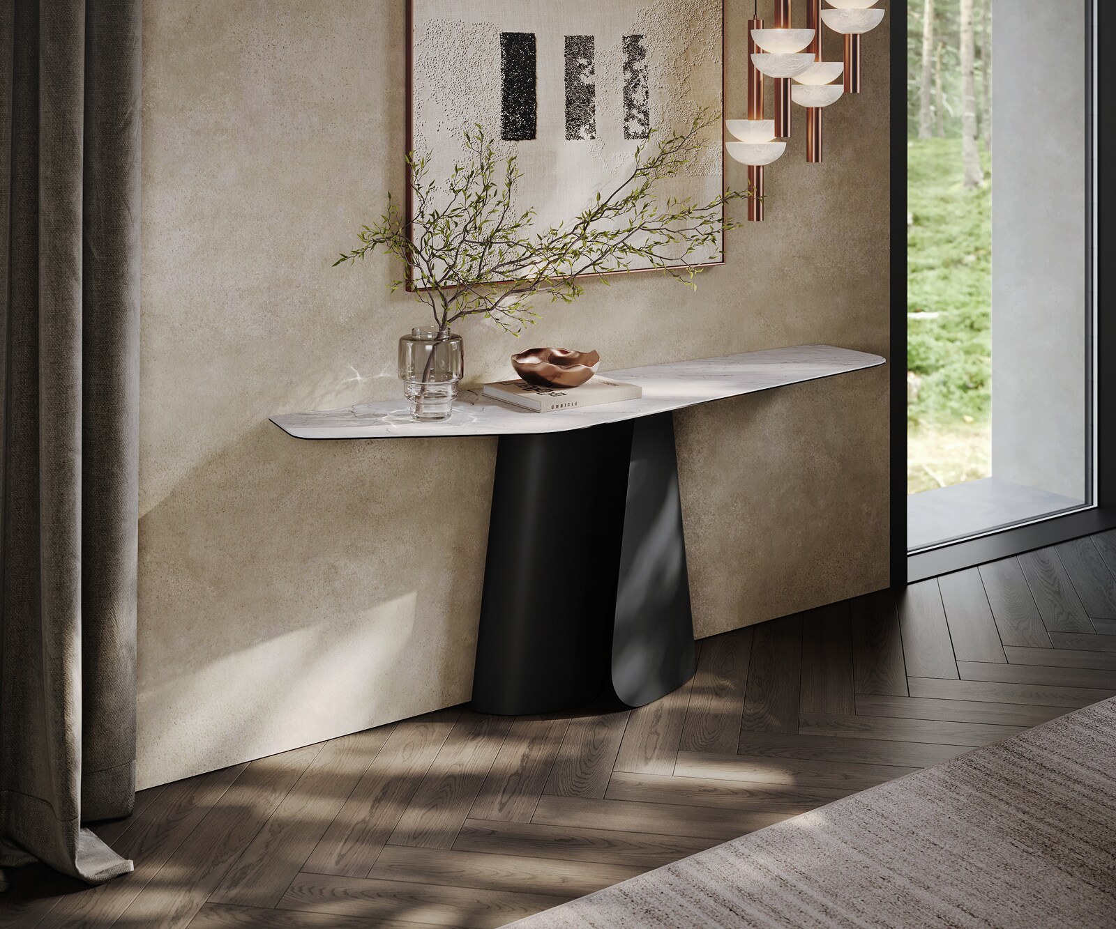 Konsolentisch Edge Polygonal 180x50 cm Keramik Laminam® Statuarietto Weiß Livos Metall Schwarz 4