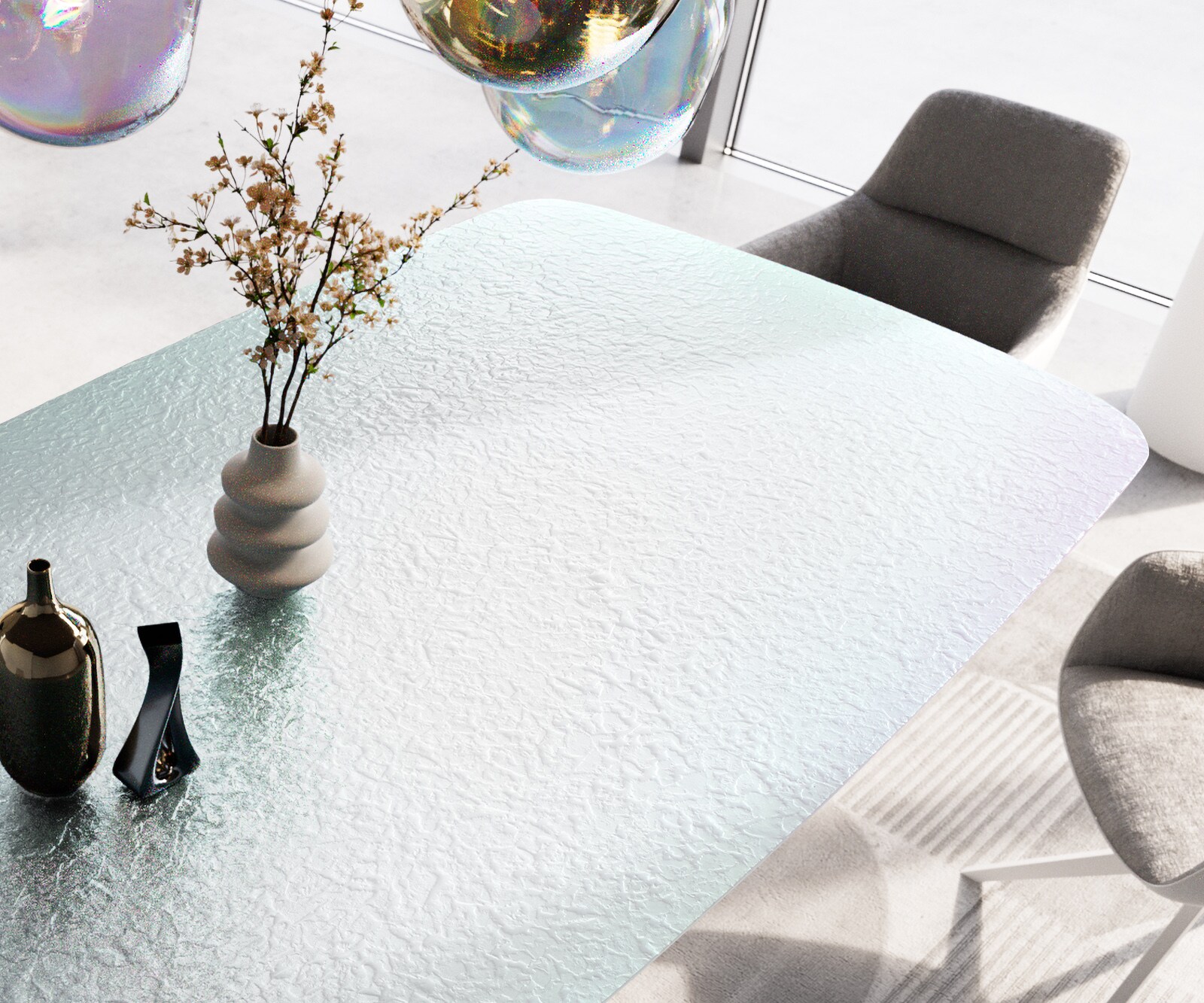 Esstisch Edge Boot 240x120 Reliefglas Perlmutt 3D-Design Estelar rund Metall Weiß 4