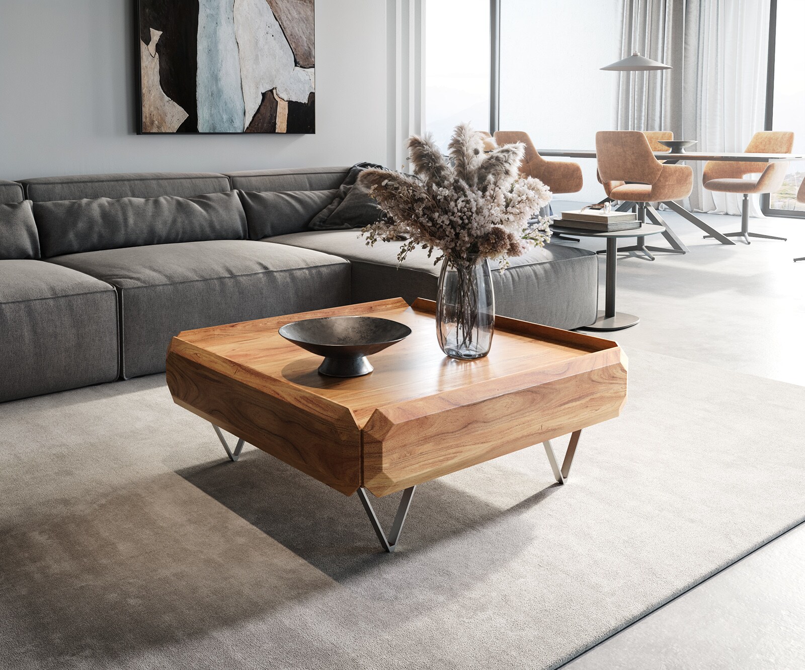 Couchtisch Kiano 90x90 cm Akazie Natur 2 Schübe V-Fuß Edelstahl