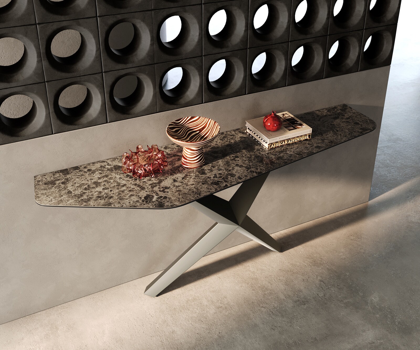 Konsolentisch Edge Polygonal 180x50 cm Keramik Emperador Extra Lucidato Dunkelbraun Zentharo Metall Effektfinish Titan 1