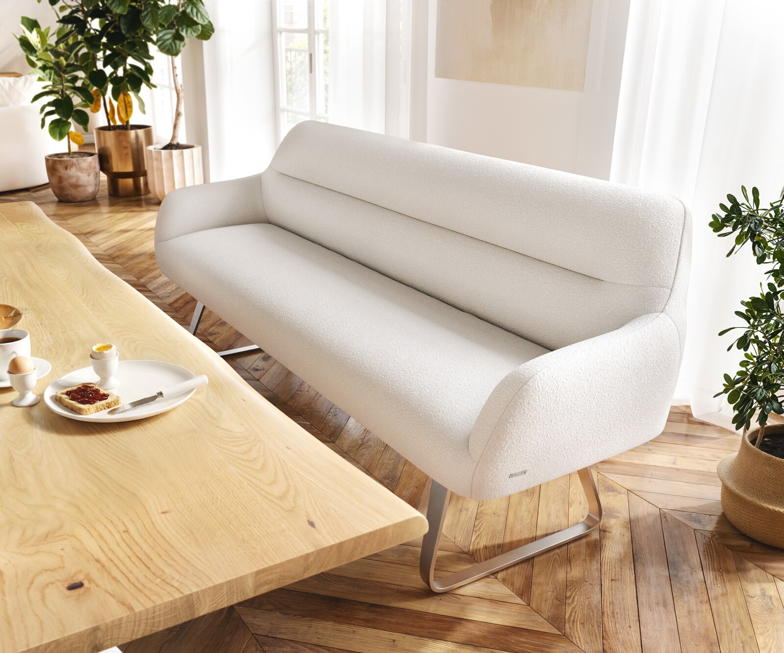 Esszimmerbank Taya-Flex 200 cm Bouclé Creme-Weiß Kufengestell flach Edelstahl Taschenfederkern 1