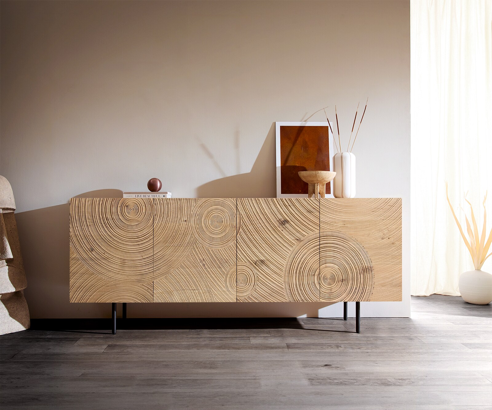 Sideboard Ashara 200 cm Eiche Natur 3D Effekt 4 Türen Rundfuß Metall Schwarz 1