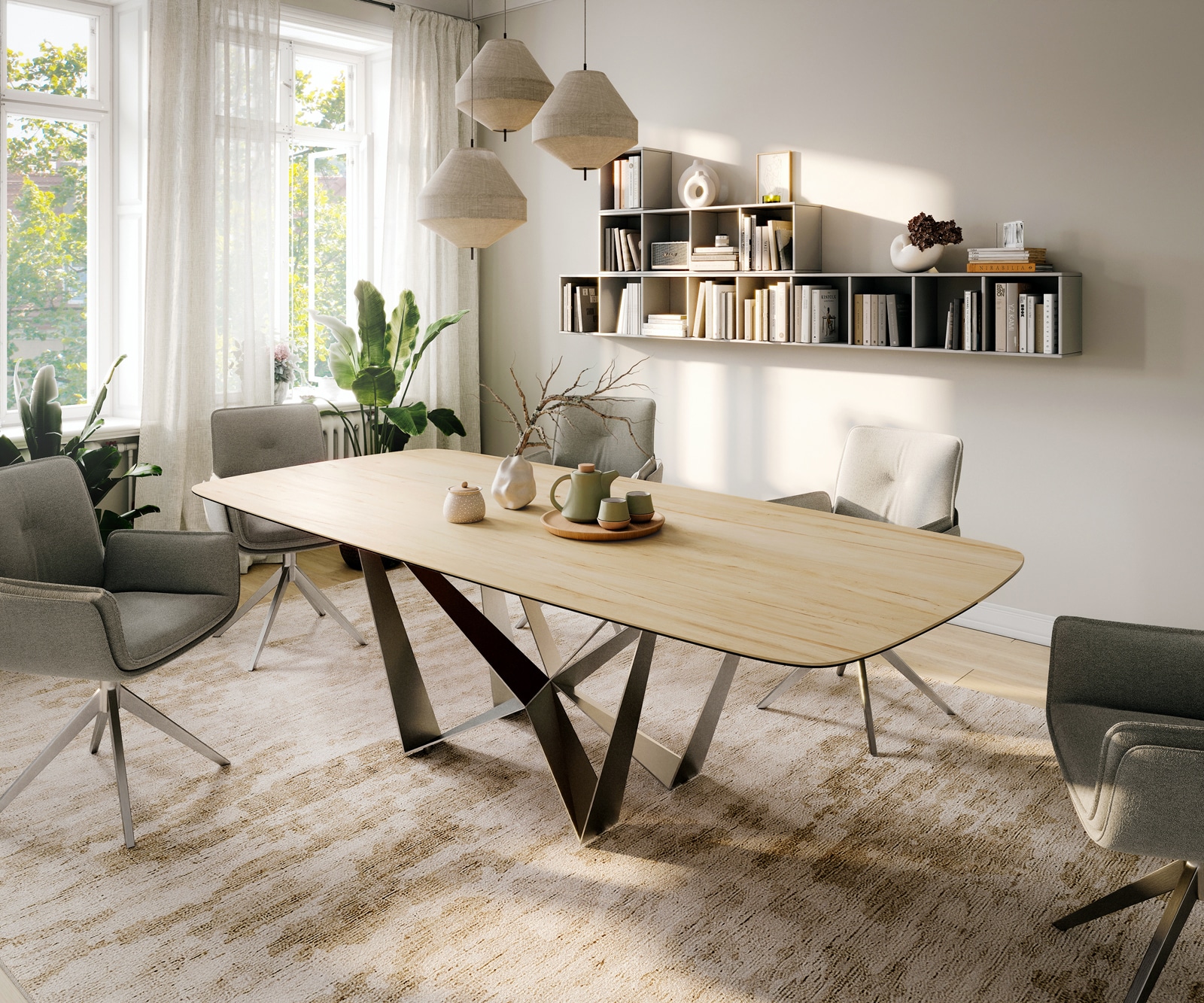 Esstisch Edge Boot 260x120 cm Keramik Laminam® Sabbia Eichefarbig Spider Flachstahl Edelstahl 1