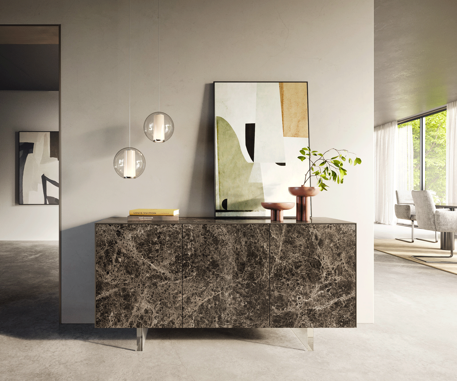 Sideboard Cuor 150 cm Keramik Emperador Extra Lucidato Dunkelbraun 3 Türen Fuß Schwebeoptik Acrylglas 1
