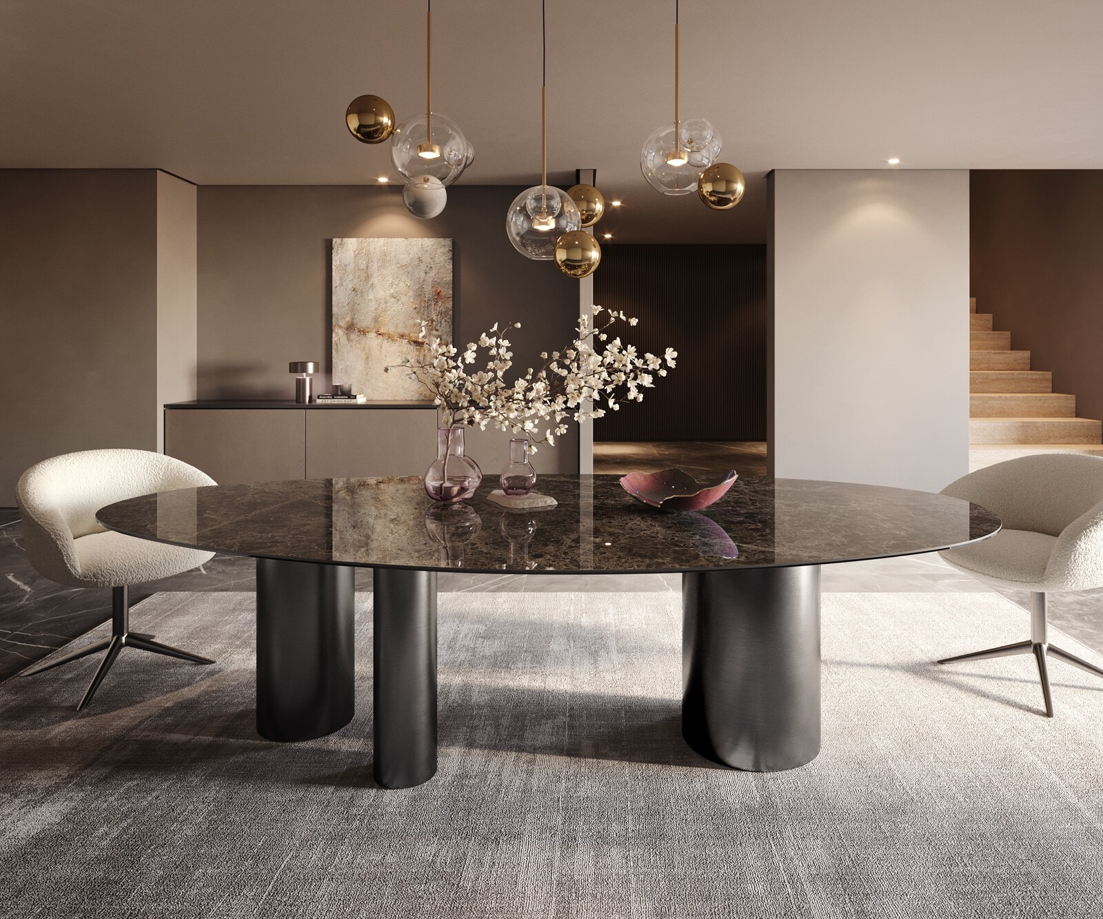 Esstisch Edge Oval 280x130 Keramik Emperador Extra Lucidato Dunkelbraun Troa Edelstahl Graphit 2