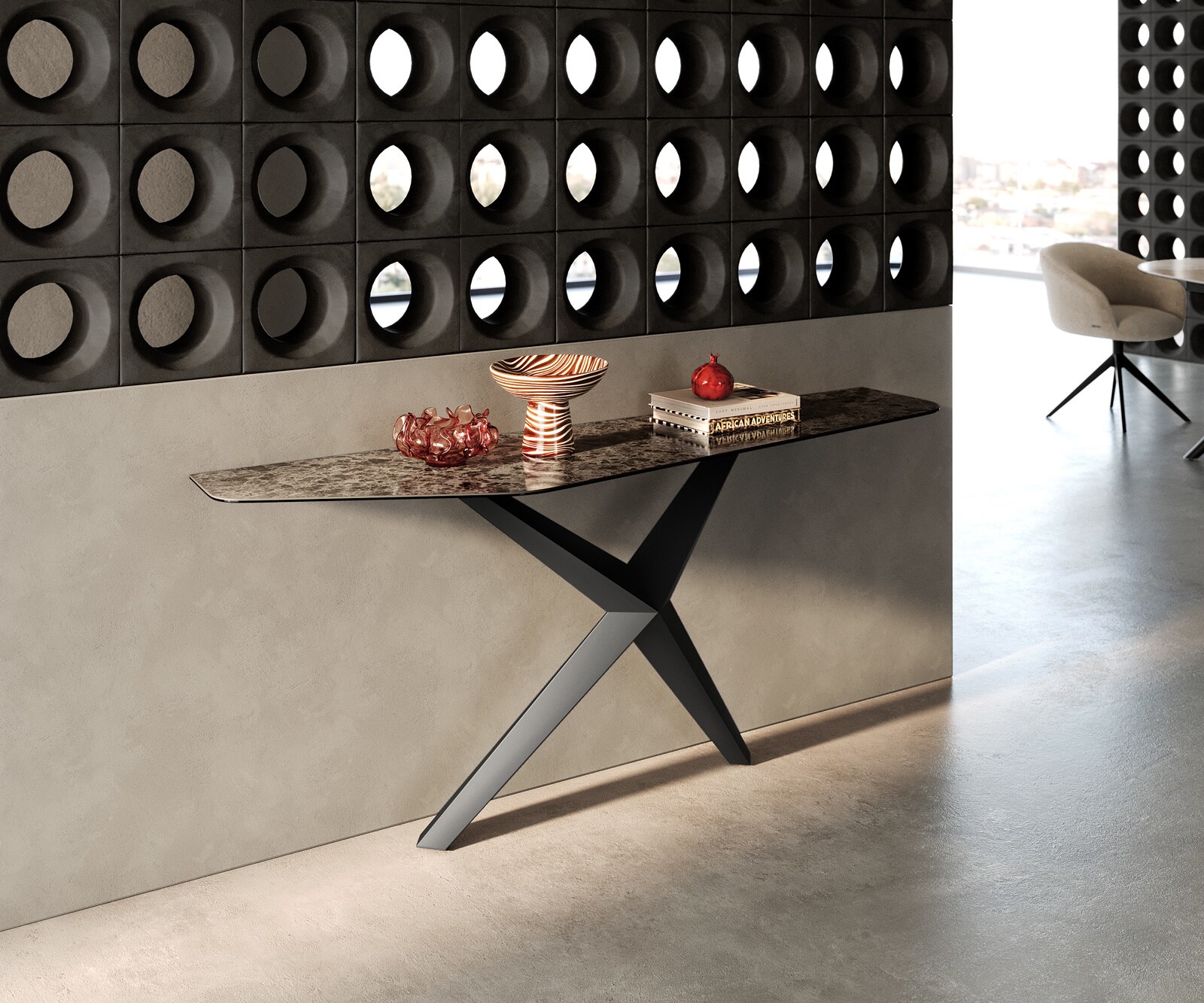 Konsolentisch Edge Polygonal 180x50 cm Keramik Emperador Extra Lucidato Dunkelbraun Zentharo Metall Schwarz 4