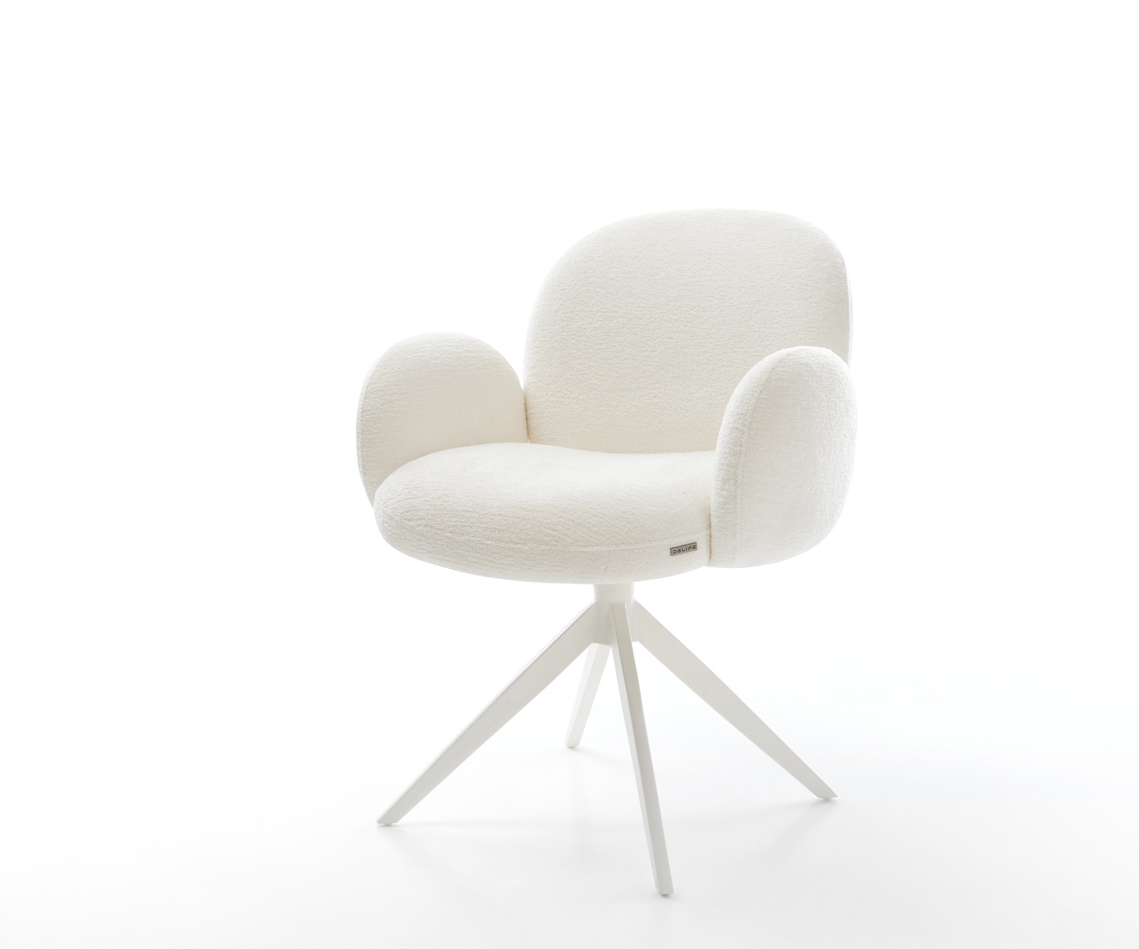 Drehstuhl Nube-Flex mit Armlehnen Bouclé Soft Beige Kreuzgestell breit Weiß 360° drehbar Wippfunktion Taschenfederkern