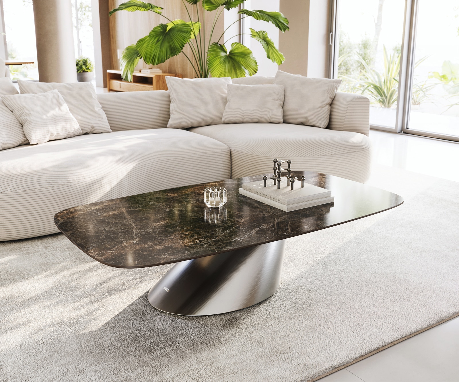 Couchtisch Edge Boot 140x80 cm Keramik Emperador Extra Lucidato Dunkelbraun Conis Edelstahl gebürstet 1