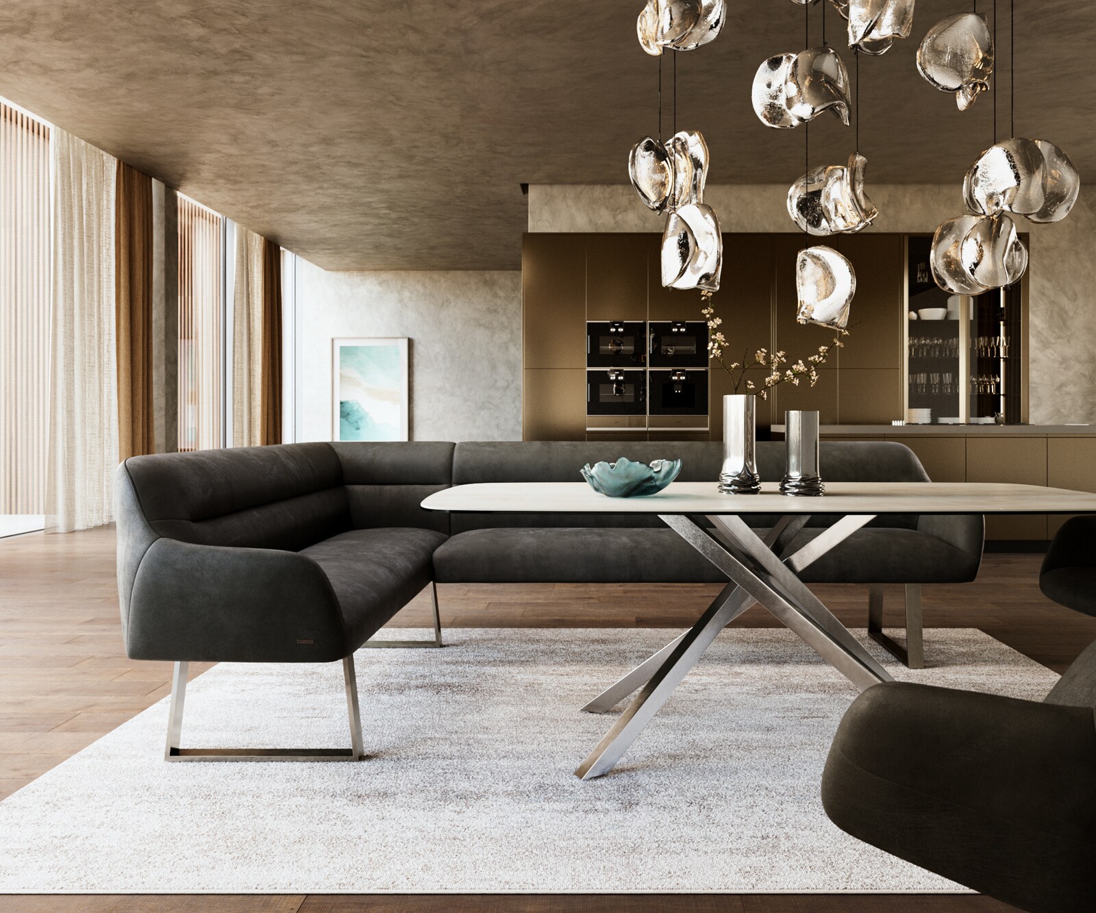 Esszimmerbank Taya-Flex 285x190 cm Mikrofaser Anthrazit Vintage Kufengestell kantig Edelstahl Taschenfederkern Rechts 1