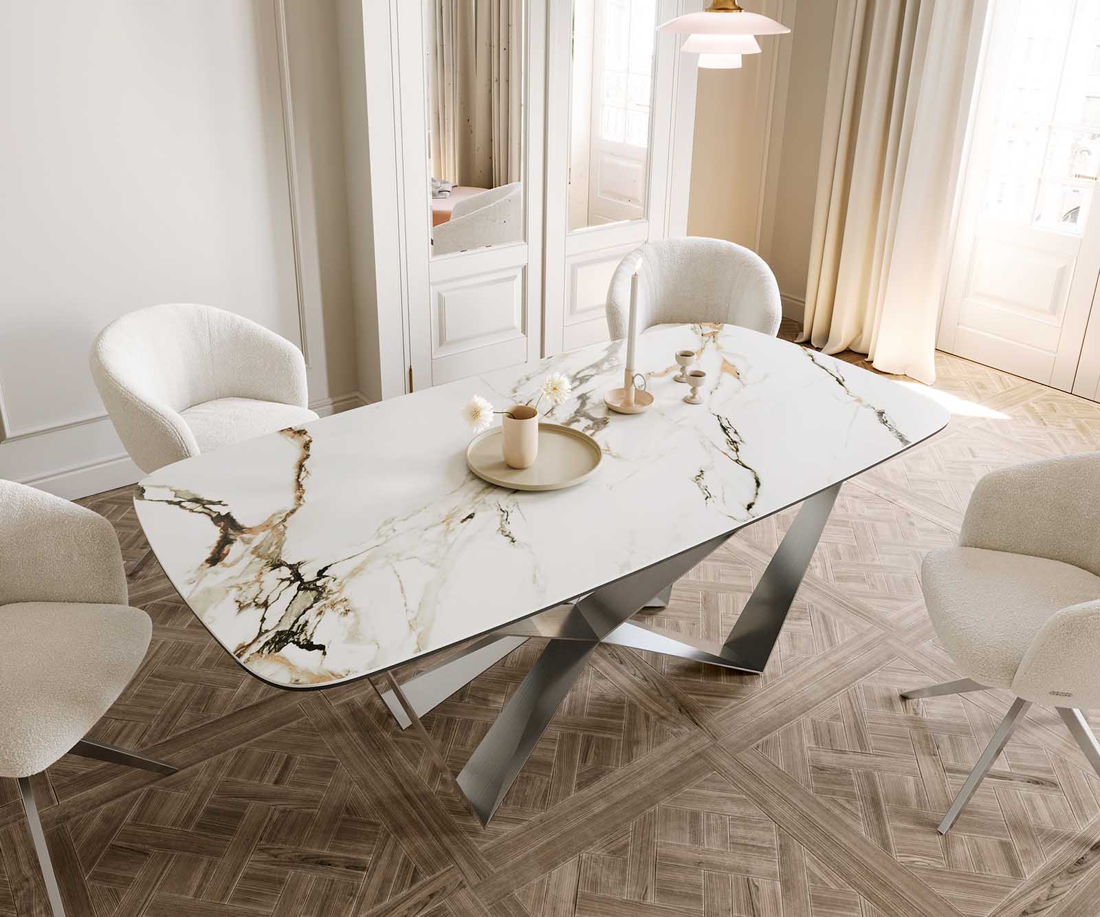 Esstisch Edge Boot 200x100 Keramik Calacatta Luxe Weiß-Gold-Grau Spider Flachstahl Edelstahl 4