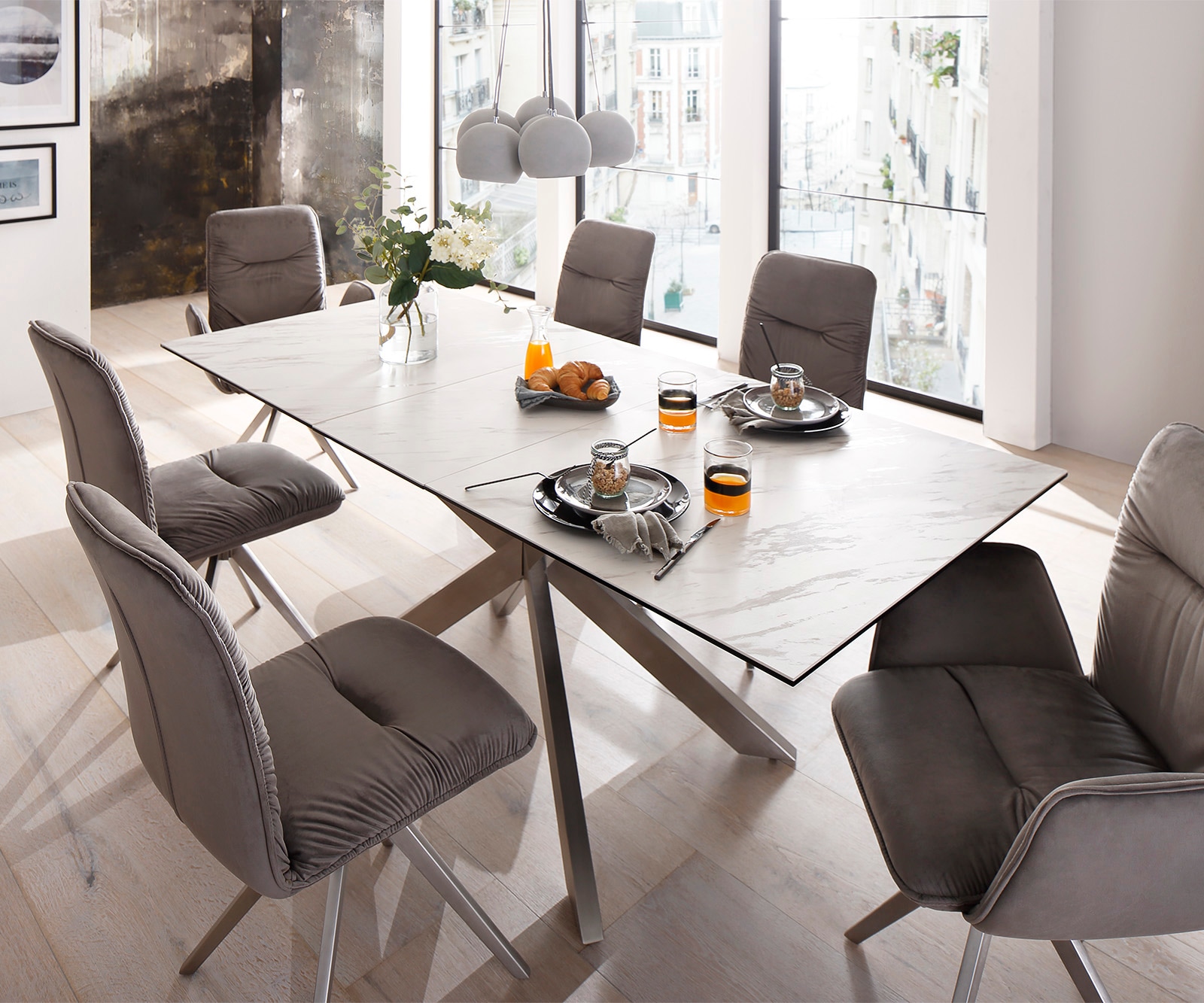 DELIFE Esstisch Daven 160/200x90 cm Keramik Weiß Edelstahl ausziehbar