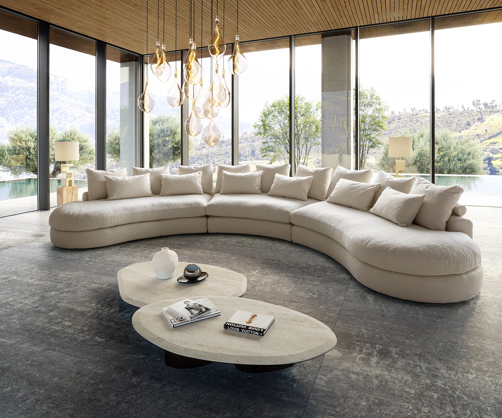 Megasofa Estrea 500x250 cm Bouclé Creme-weiß Rundsofa 1